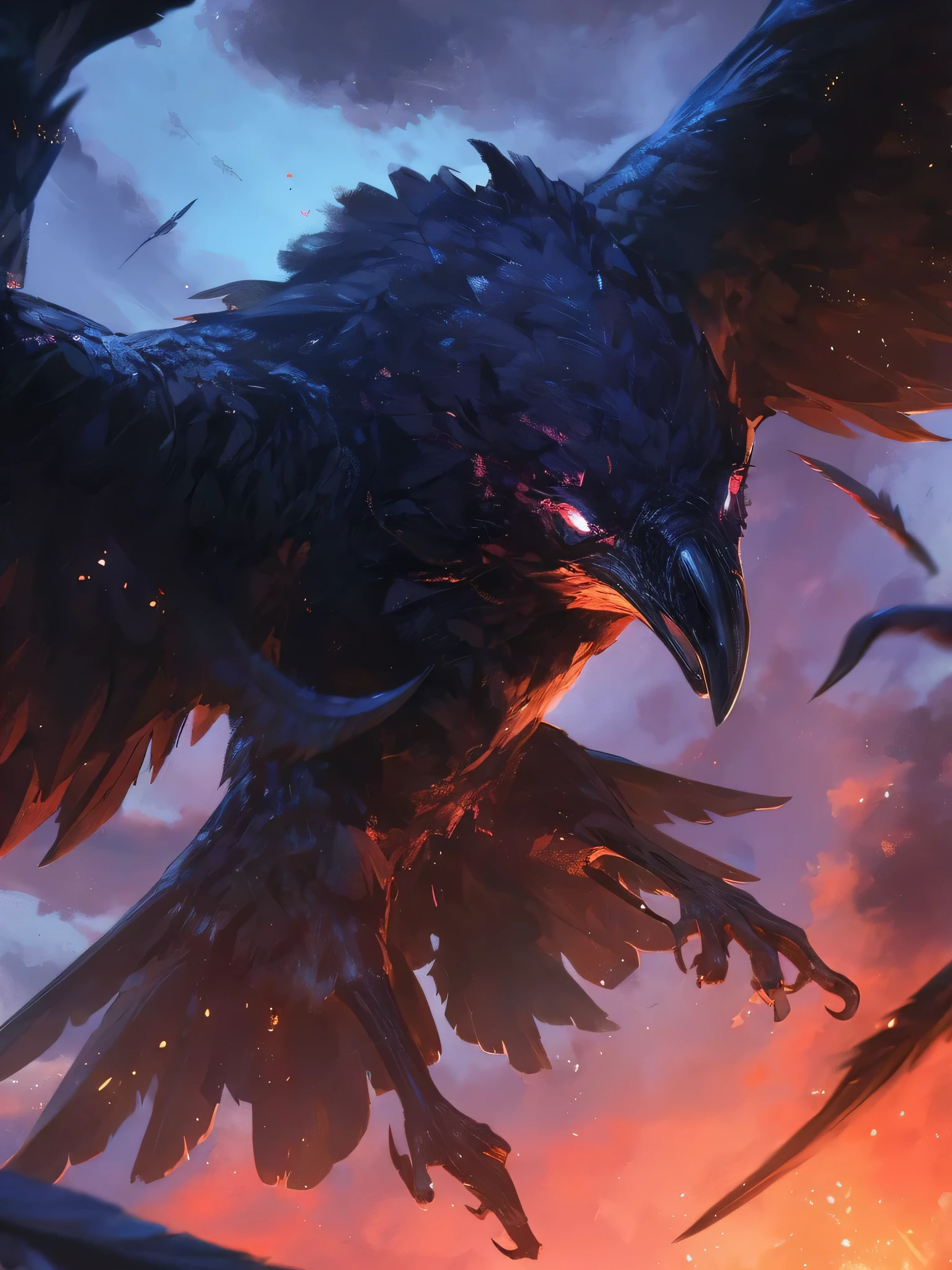 Giant crow, menacing appearance, flying through night sky, highly detailed, glowing eyes, flying towards viewer, 24k