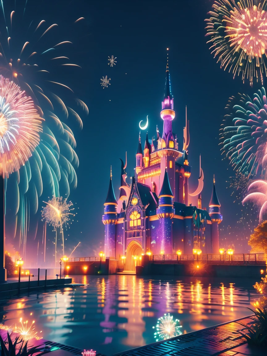 (Neon),Circuit Board,(moon:1.5),(Bubbles),(fireworks:1.5),Dreams,(Psychedelic),(Neon light),(A peaceful and magical dream castle),In this vibrant,Charming surroundings,center,A dreamy and majestic castle,Central Lake,Surrounded by a variety of aquatic plants,Many different types and colors of flowers adorn the beautiful landscape,Multiple waterfalls burst from nearby cliffs,Their waters sparkle in the dawn light,When they poured into the lake,The sun is just beginning to peek over the horizon,The first rays of sunlight of the day cast beautiful, warm tones over the castle and surrounding nature.,(Ultra HD, masterpiece, precise, Anatomically correct, textured skin, High Detail, high quality, The award-winning, 8k)