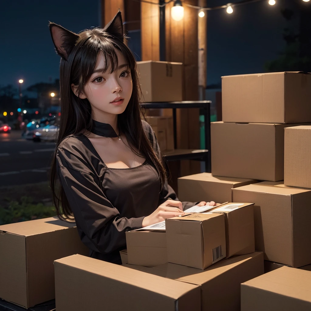 human body with realistic cat head, sitting above boxes holding a cup of coffee, night time outdoor background, dark background, best quality, perfect body, realistic, 