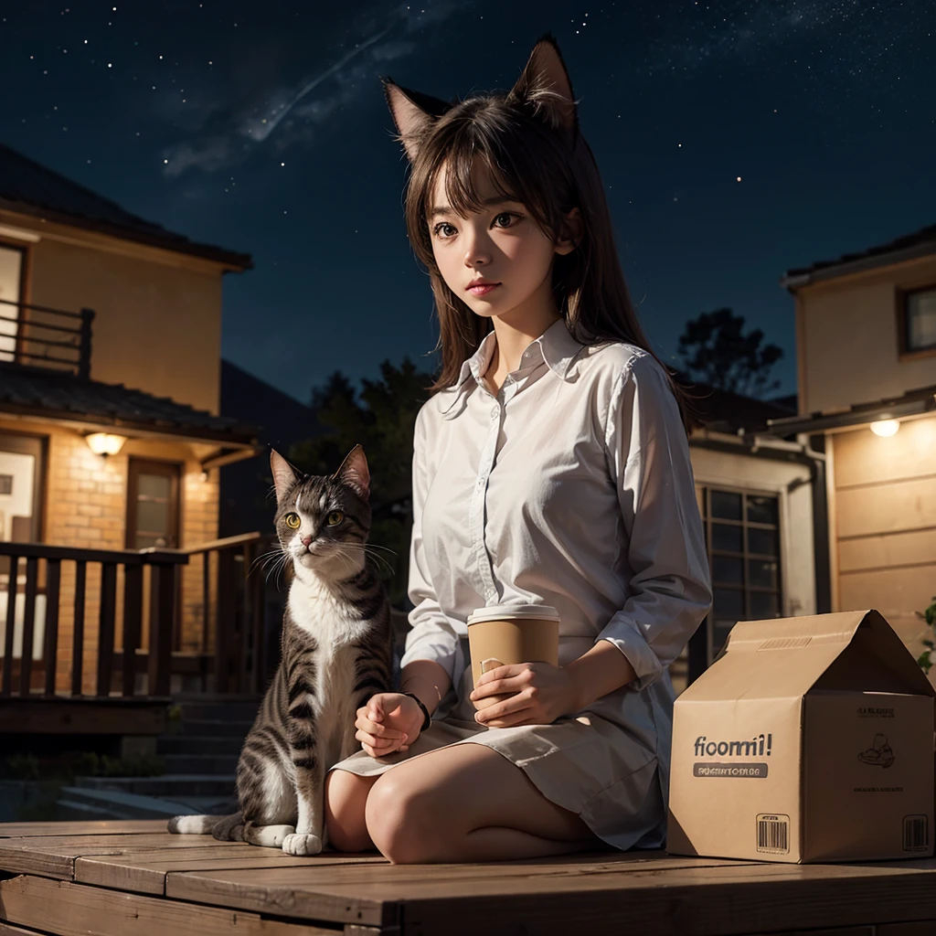 human body with realistic cat head, sitting above boxes holding a cup of coffee, night time outdoor background, dark background, best quality, perfect body, realistic,
