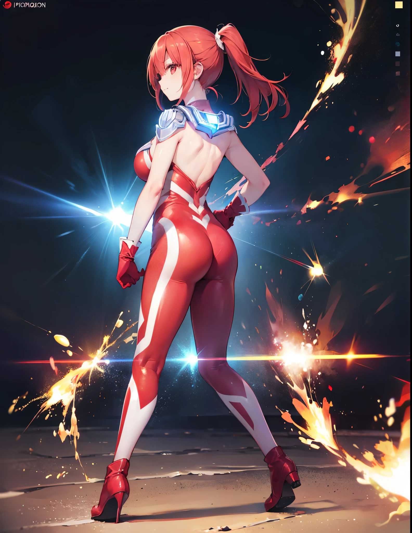 Realistic,highest quality, Ultra Detail, High-quality CG rendering, The most delicate and beautiful, Floating softly, High resolution, (1 girl), (Highest quality,4K,8K,masterpiece:1.2),(All red hair:1.5), (ponytail:1.5),(Red eyes:1.5), (Ultra Girl:1.0), (Red Ultraman bodysuit:1.4),(Slightly larger breasts:1.5),(Clenched Fist:1.2),(Turn your back to your audience:1.3),Ass(Red gloves:1.3),(Red Shoes:1.3) ,(whole body:1.3)