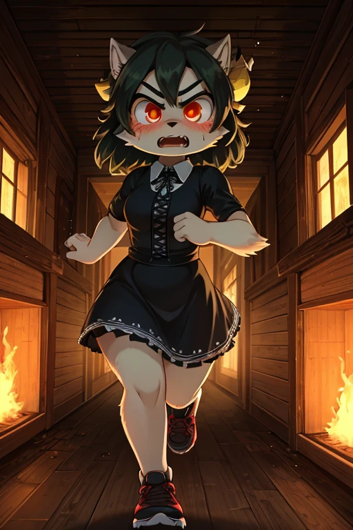 Hairy wolf mom , round face , moist round eyes , Swollen cheeks , glossy lips , Gothic summer dress , in the Haunted house , escape move , running , upskirt , (chase walleye zombie) , escape , look of angry