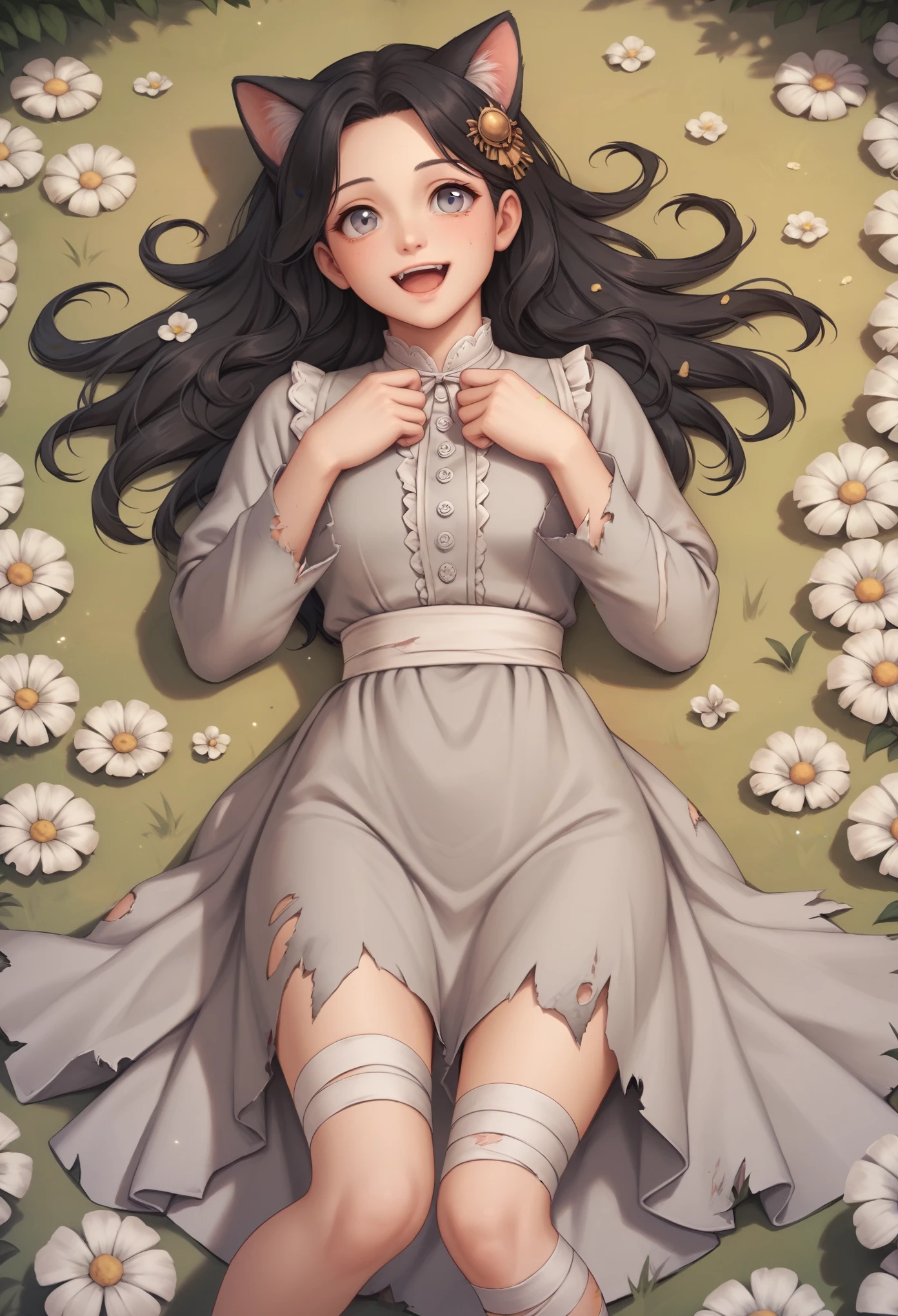 BREAK score_9, score_8_up, score_7_up, score_6_up, 1girl, solo, grey eyes, black hair,standing,cat ears, grey dress,long sleeves, bandages,torn clothes,hair ornament, bandaged leg, on back,lying, happy,open mouth, happy tears, Mature wheat field,Yellow Theme, masterpiece, best quality, very aesthetic, absurdres,