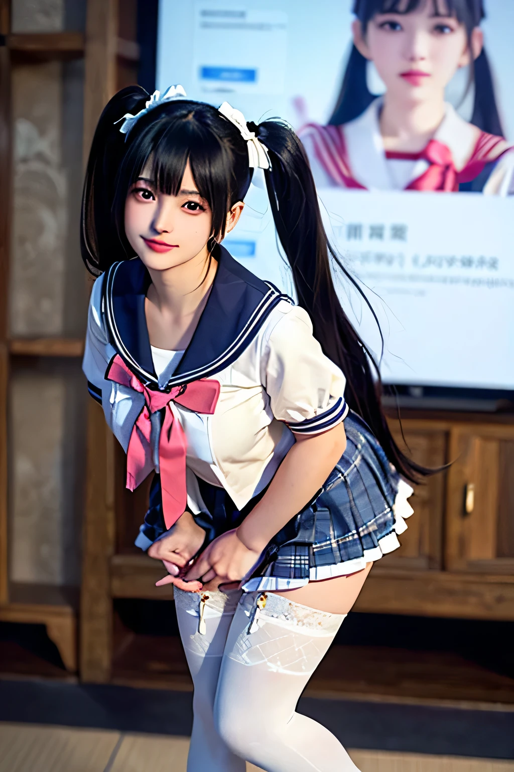 An innocent 20-year-old girl、((sailor uniform, white thighhighs, Dramatic Pose)),smile, (high Twintails),natural Park、RAW Photos, (8k、highest quality、masterpiece:1.2)、(Intricate details:1.4)、(Photorealistic:1.4)、Octane Rendering、Complex 3D rendering with ultra-detail, Studio Soft Light, Rim Light, Vivid details, Super Detail, Realistic skin texture, Detailed aspect, Beautiful details in the eyes, Highly detailed CG Unity 16k wallpaper, compensate, (Detailed Background:1.2), Glowing Skin, whole body、Cleavage,((Standing with hands behind back、Leaning forward))