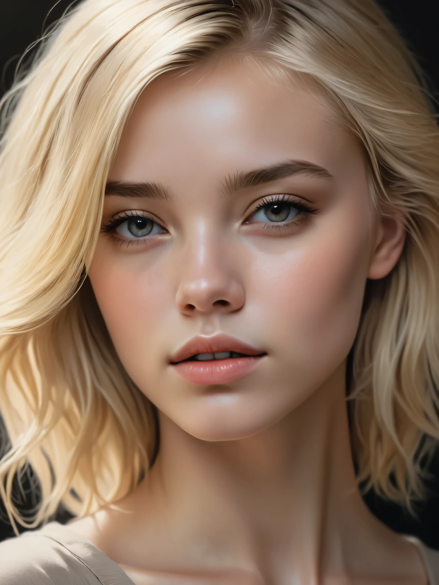 a young woman, blonde, dark theme, soothing tones, muted colors, high contrast, (natural skin texture, hyperrealism, soft light, sharp)
