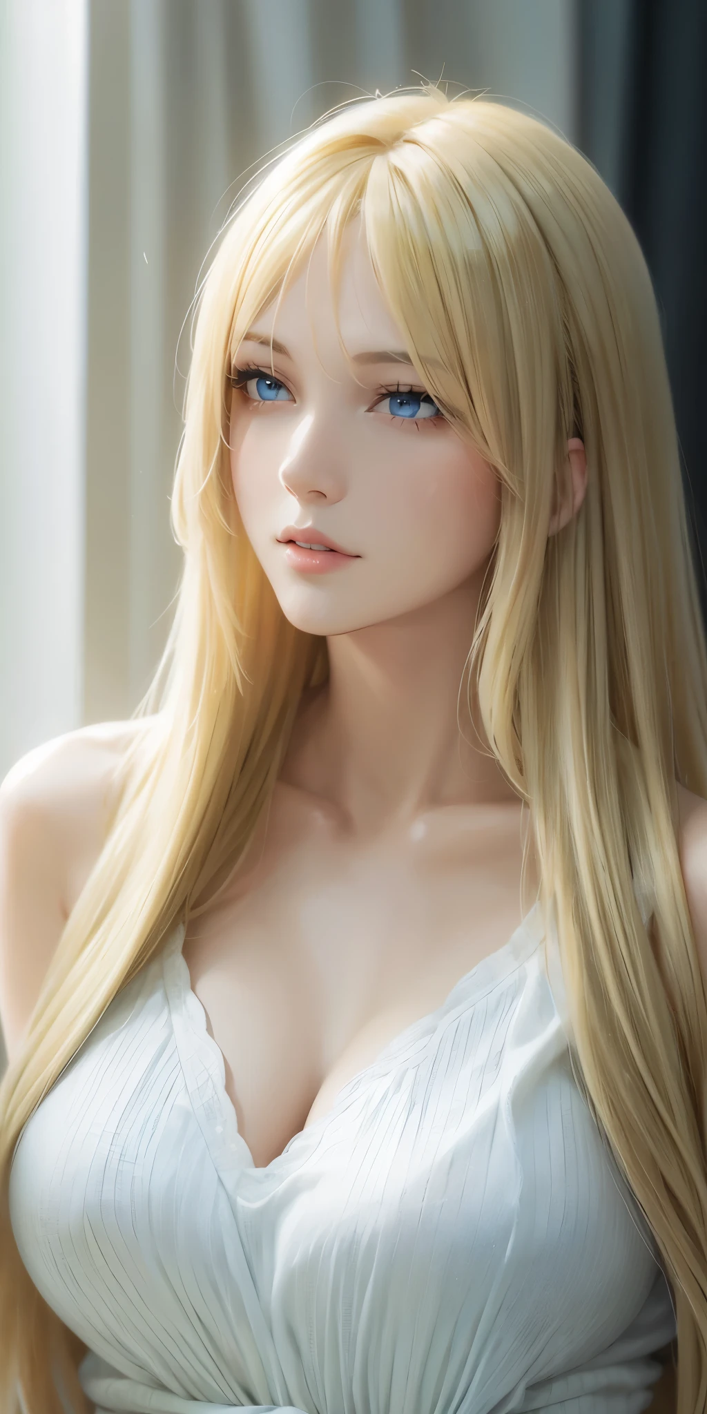 Beautiful innocent 20 year old blonde girl、Beautiful shining platinum blonde hair、bangs fall on face、((Wearing an open white T-shirt,Dramatic Pose)),sexy look,Super long straight blonde silky hair,Bed Background,Beach Background、RAW Photos, (8k、highest quality、masterpiece:1.2)、(Intricate details:1.4)、(Realistic:1.4)、Octane Rendering、Ultra-detailed with exquisite 3D rendering, Studio Soft Light, Rim Light, Crisp details, Super Detail, Realistic skin texture, Cheek gloss、Detailed aspect, Very beautiful bright pale blue eyes, Very big eyes、Highly detailed CG Unity 16k wallpaper, Perfect beauty、Round face、compensate, (Detailed Background:1.2), Shiny skin, whole body、From head to thighs、Cleavage,((sleep with your head up、Angle of view from above))