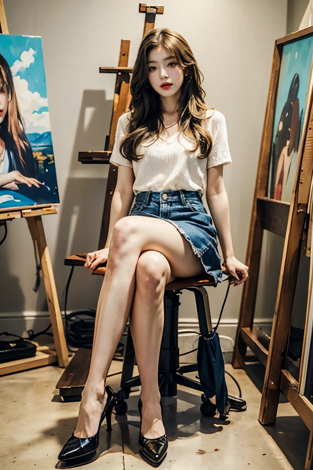 (highest resolution,8K,best quality:1.2),beautiful college student,fascinatingly tall., campus beauty, proud, exotic beauty, wealthy heirs, medium length hair, blonde hair, denim skirt, high heel, art studio, painting, easel, footboard, sit on a chair, Focus on creating artwork