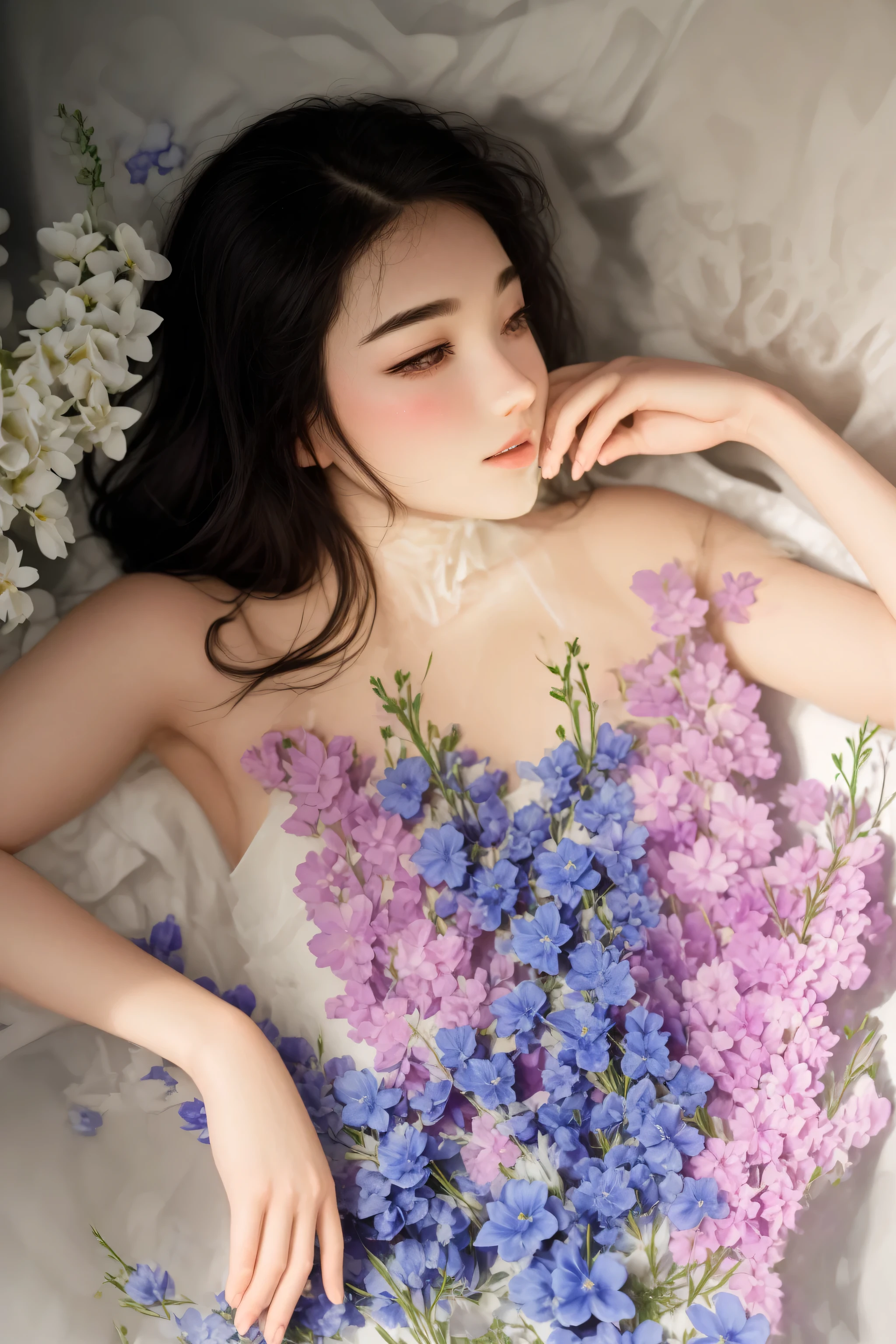 araffe woman in a white dress with purple and blue flowers, with frozen flowers around her, with flowers, girl in a bed of flowers, woman in flowers, Ghost Festival, floating in perfume, flower, milk bath photography, captured on canon eos r 6, girl in flowers, ethereal beauty, sakimichan