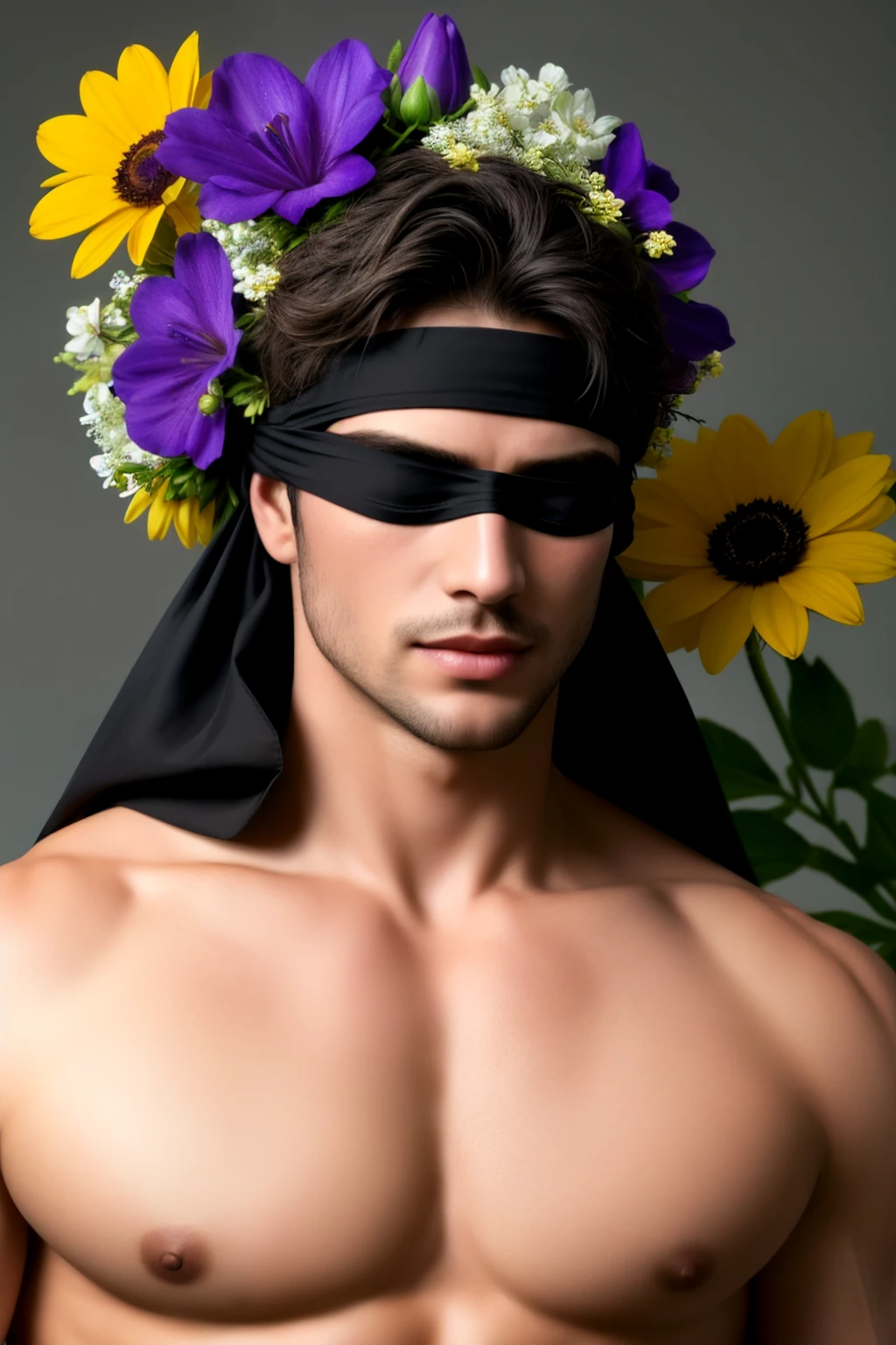 best quality,masterpiece,Ultra high detail,A handsome muscular man,Short black hair,topless,(Flowers on the shoulder), With flowers in his black micro thong, flowers covered around his head, eyes are closed, covered, eyes are blindfolded with black cloth, realistic,Grey background,Yellow, violet and white flowers,