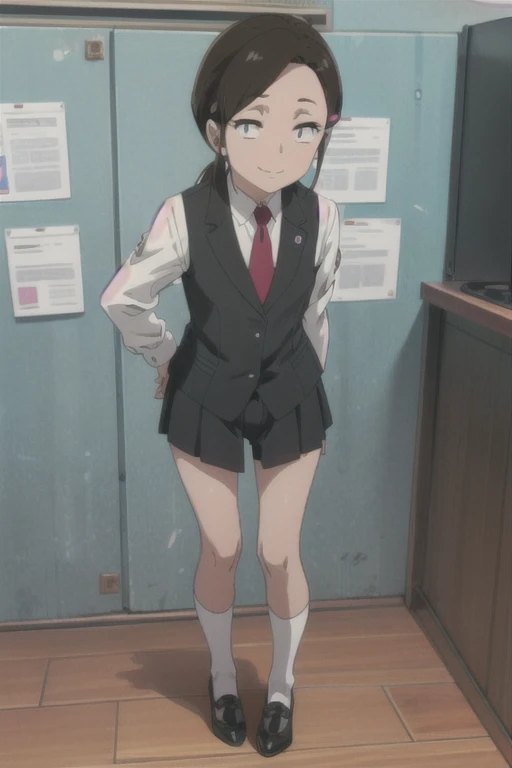 (((pixel-perfect, detail-perfect))), solo, 1girl, yasuko yaegashi, sanpaku, necktie, vest, looking at viewer, smile, full body, flat torso, front view