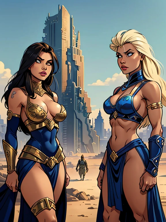 Imagine a futuristic scene in a dystopian world, where a group of female warriors, inspired by the works of Boris Vallejo, come together in a post-apocalyptic setting. The "Amazonas of the Future" are portrayed as powerful and imposing figures, with muscular bodies and confident postures.
Each woman is unique in her appearance and dress, but they all share characteristic traits of Vallejo style. They wear shining armor, adorned with intricate details and exotic ornaments. The weapons they wield, whether swords, spears or futuristic bows, are elaborately decorated and convey a sense of power and authority.
The surrounding scenery is desolate and arid, with wreckage of buildings and ruins in the background, highlighting the harshness and brutality of the world in which they live. The sky above is dyed with vivid, surreal colors, adding an element of fantasy to the scene.
Key elements:
Group of female warriors, inspired by the style of Boris Vallejo.
Muscular bodies and confident postures.
Shiny, elaborate armor with intricate details.
Decorated weapons such as futuristic swords, spears or bows.
Post-apocalyptic setting with wreckage and ruins.
Sky dyed with vivid and surreal colors.
Comments:
The digital painting should capture the essence of Boris Vallejo's style, with a particular focus on strong, powerful female figures.
Make sure the female warriors stand out against the desolate scenery around them, conveying a sense of dominance and determination.
Use vibrant colors and striking contrasts to create a visually captivating and impactful atmosphere.