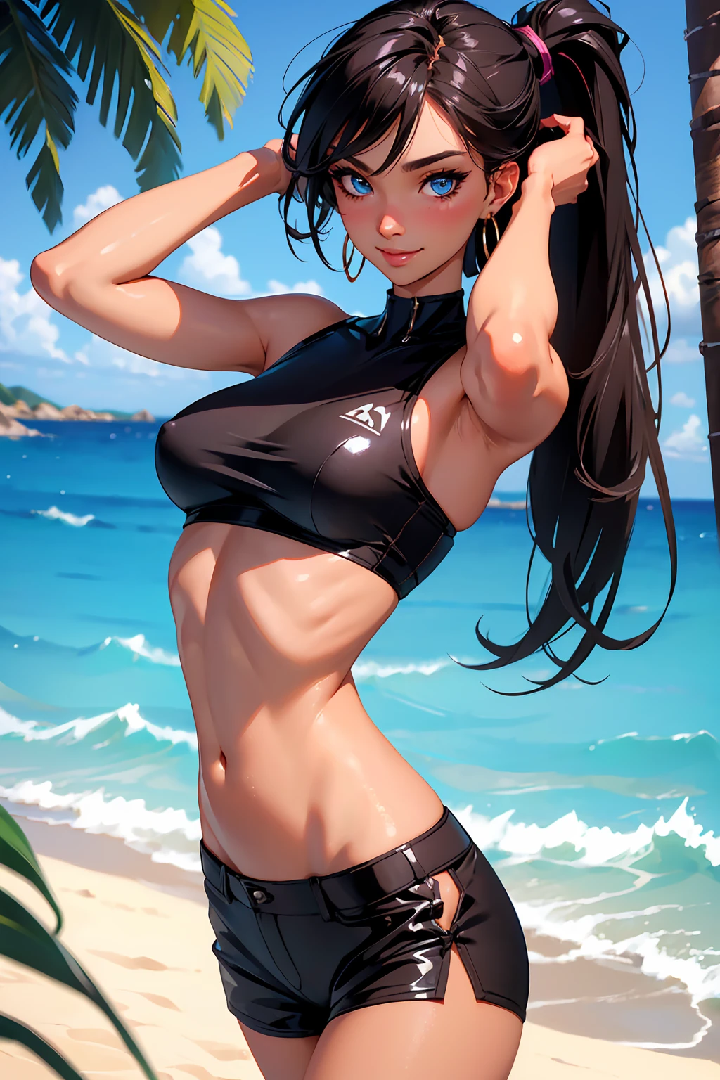 1girl,a beautiful fashion model ,(masterpiece, detailed background, best quality), elegant makeup, hoop earrings, seductive smile, oral invitation, ear blush, full blush, 8k, super detail, ccurate, best quality, award winning, best quality, 1080P, 4K, textured skin, slutty outfit, abs, ((tan skin, shiny skin)), akali, long black hair, long ponytail, hair between eyes, blue eyes, girl wearing bikini top and shorts, visible thong straps slender, athletic, slim