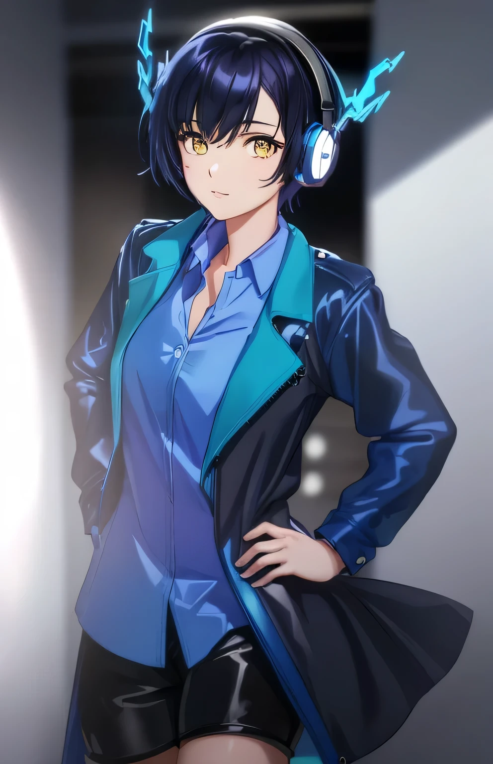(best quality, higher),  blue and yellow eyes, no background, anime cool girl with headphones and a blue jacket and a blue short leather pants.  . wearing a light purple shirt, black hair, stylish fashion, vibrant colors, female model,  artistic portrait, realistic detail.