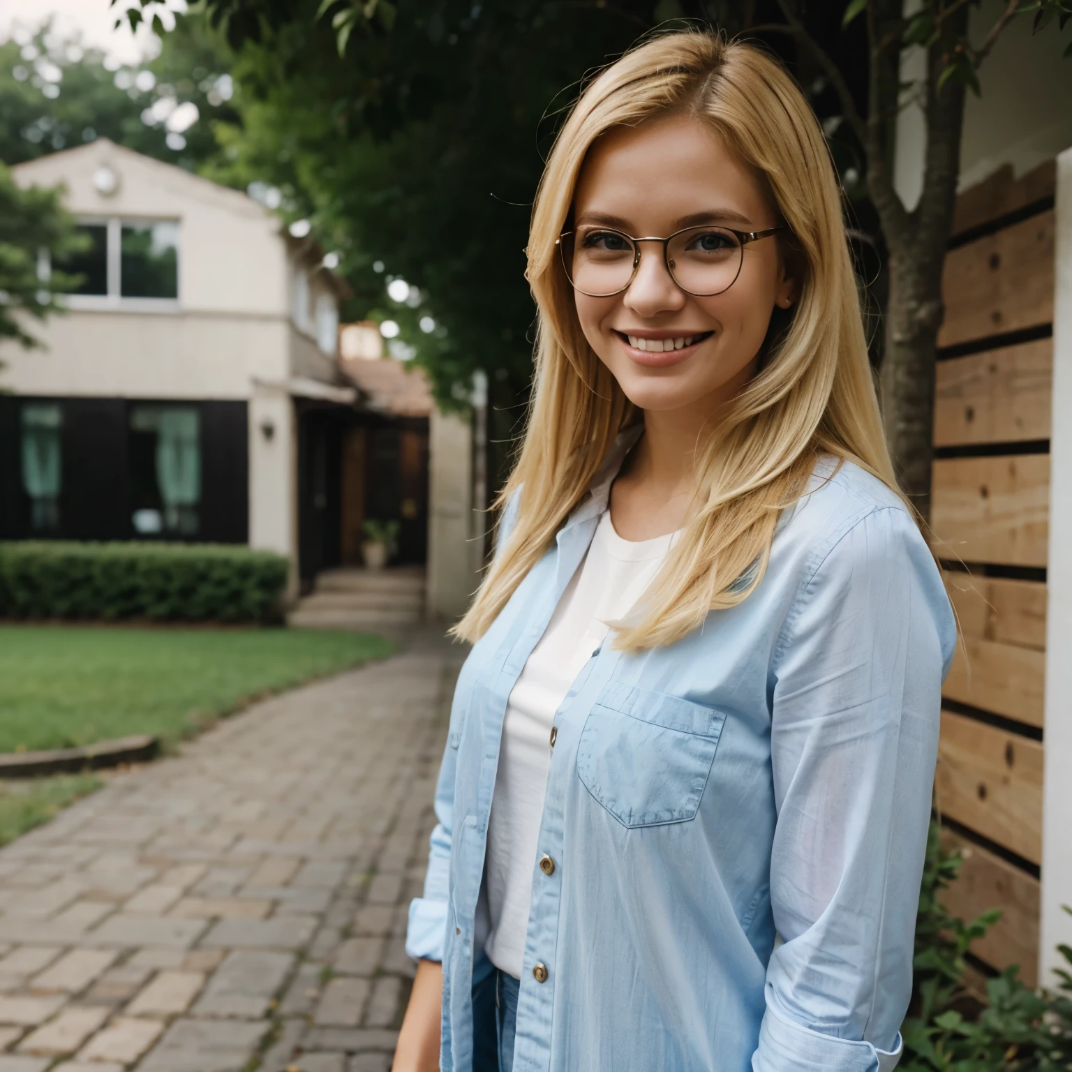 Blonde standing outside, smiling, wearing glasses,