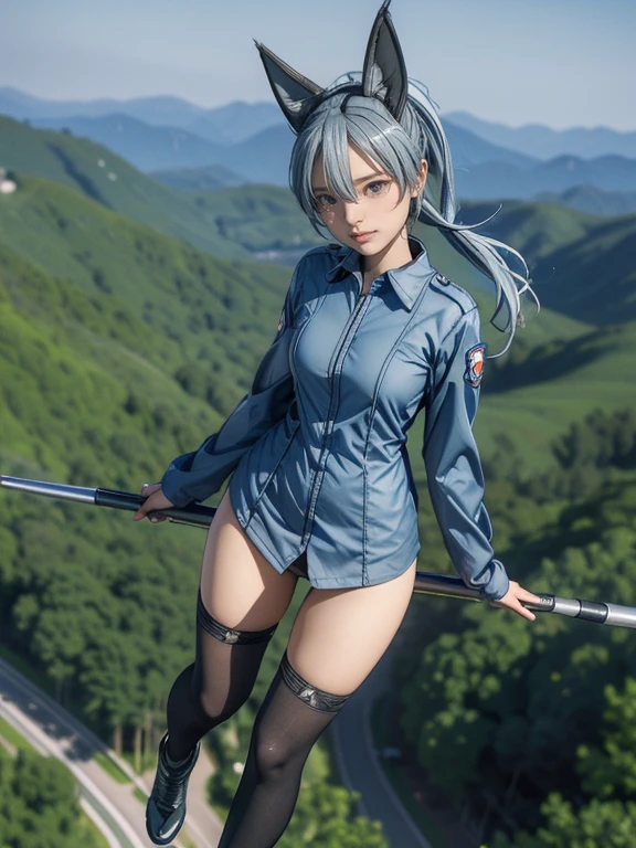 {(masterpiece,best quality, 8K UHD, extremely detailed CG, detailed beautiful face and eyes and skin and hair), (ultra detailed face)}, {(ultra realistic photo graphic style:1.4)}, {(1girl free_fall from 10000m above the ground:1.2), (out of focus background:1.4)}, {1girl, 18yo, (beasts_ears),silver_blue hair, medium hair, Ponytail hair with braids, forehead}, {(strike witches:1.4),(military shoes:1.2), (thigh-high socks),navel}, {(cheerful:1.3), (candid shot)}, {(bring knees forward:1.1), (inner thighs showing pose:1.2)}, (Boys Mk.I anti-armor rifle)