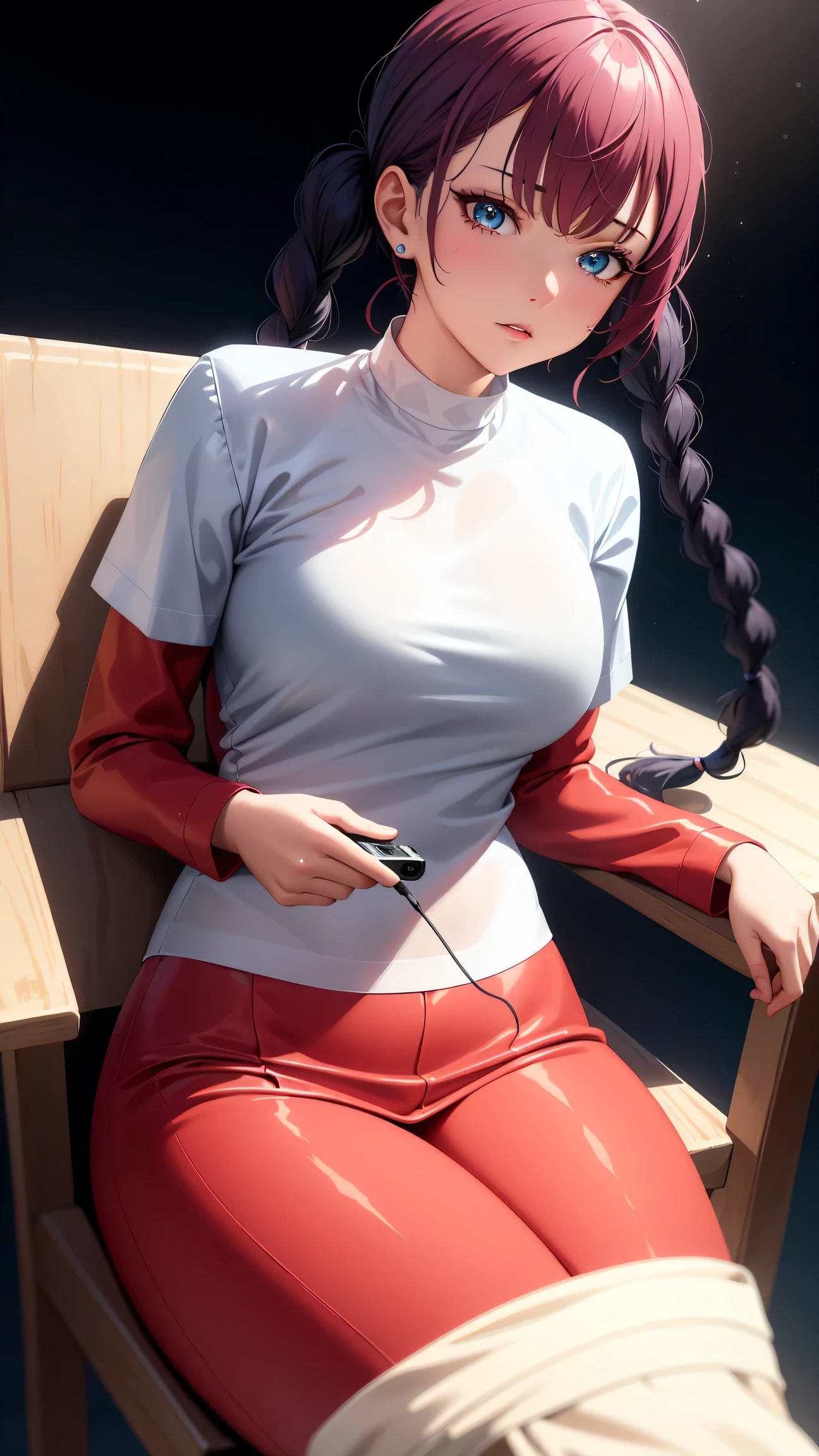 (best quality:1.5, highres, UHD, 4K, detailed lighting, shaders), sky blue braided twintails haired, gradient hair, large breasts,red suit, white T-shirt, white short skirt, mature woman , (pov), black background, colorful eyeshadow, dramatic lighting, sparkling eyes, sensual expression, golden earrings, braided twintails hair, delicate facial features, soft skin, high cheekbones, urban setting, black background, dont look for the camera, sitting on a chair upside down,  behind  the camera
