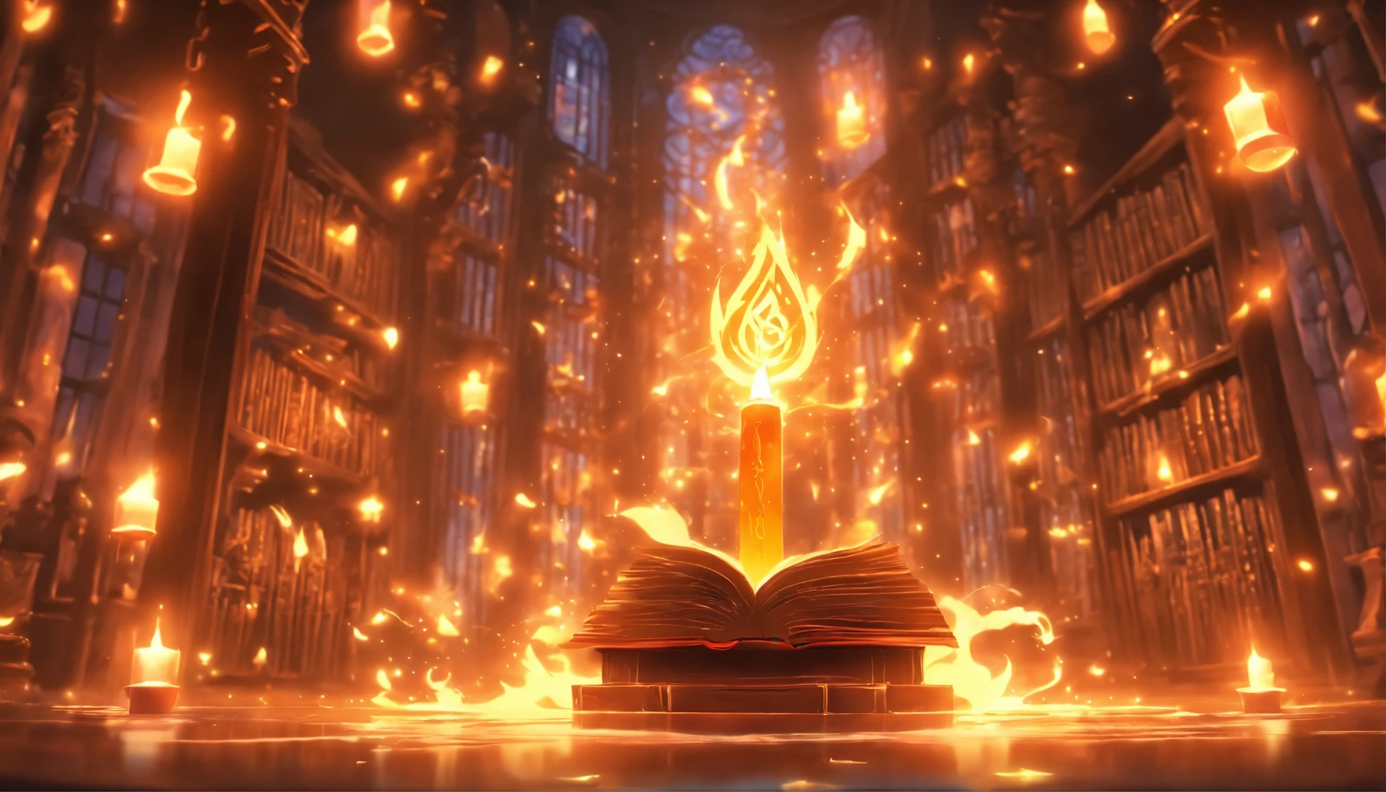 highest quality, masterpiece, Grand Wizard Library, Magical Aura, Glowing sigils and runes, Floating book, candle and lantern, Structure of the film, Volumetric lighting