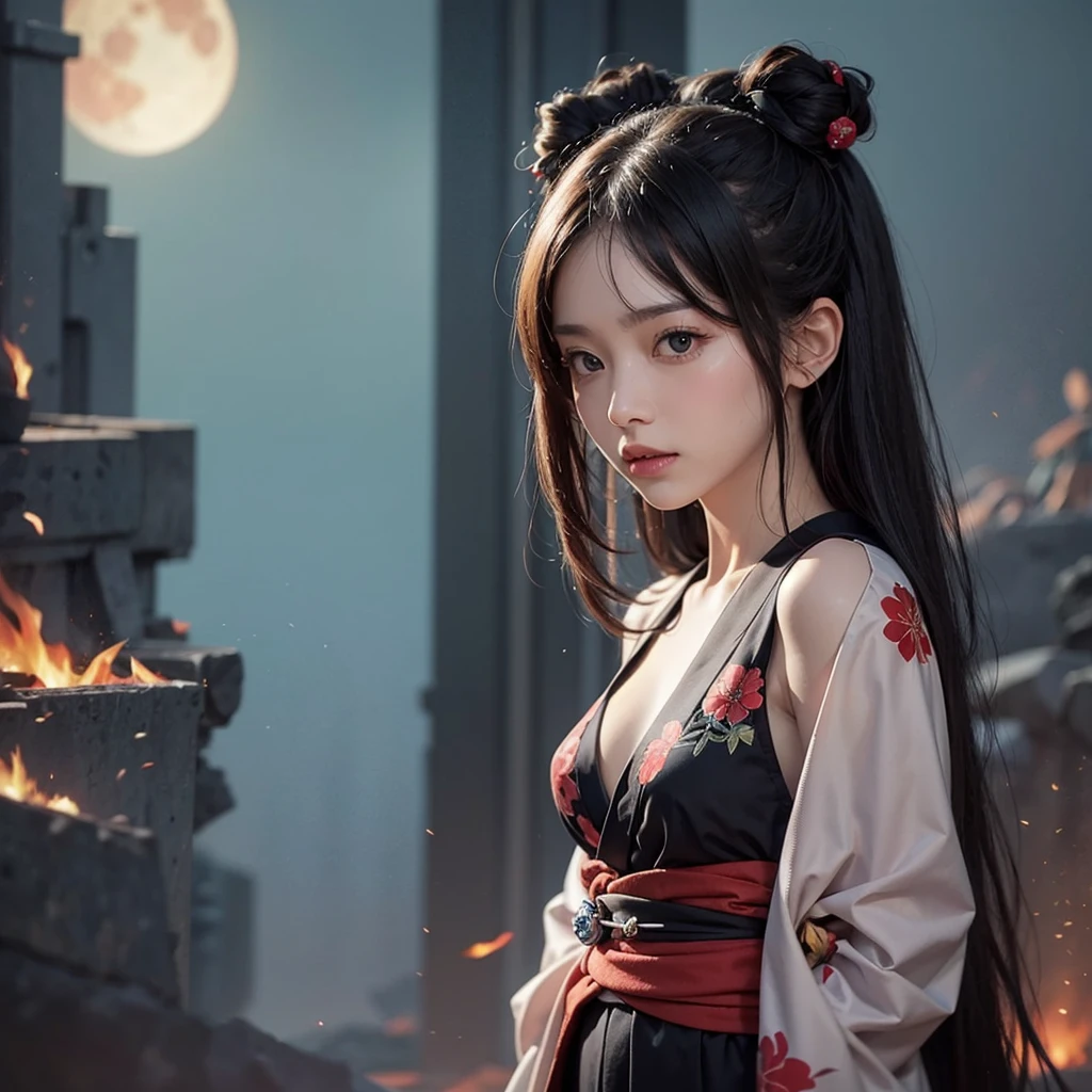 japanese girl falling down from a cliff with oni mask wearing a black and red kimono, kimono is burning and torn apart, best quality, perfect body, ultra realistic, night time with a red moon