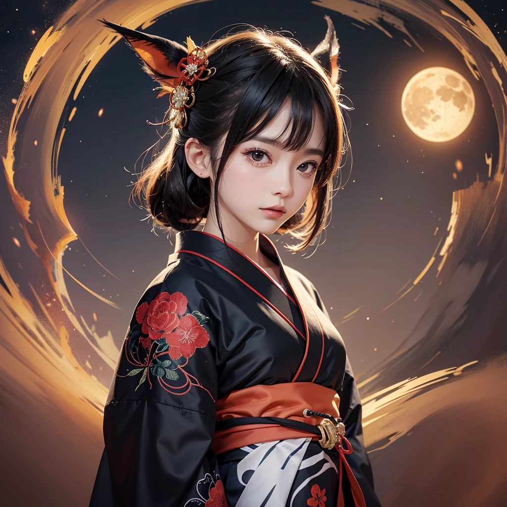 japanese girl falling down from a cliff with oni mask wearing a black and red kimono, kimono is burning and torn apart, best quality, perfect body, ultra realistic, night time with a red moon