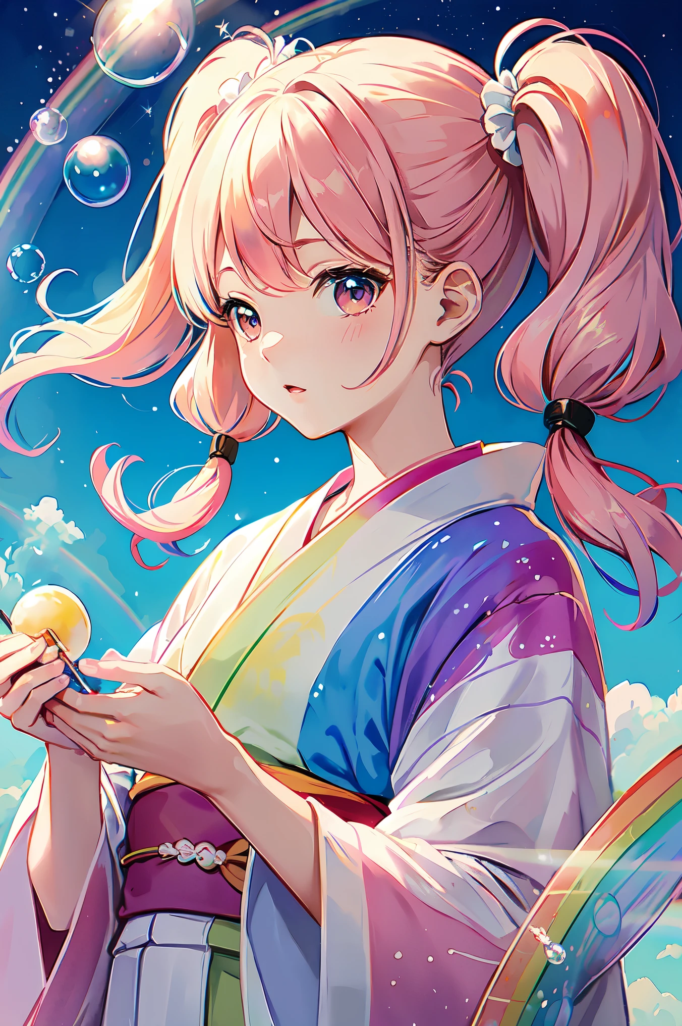 Yumekawa, dreamy cute, pale, Haze, (masterpiece, highest quality, highest quality, watercolor (middle), Upper Body, kiss, Lesbian, yukata, Change of clothes, pattern, break, (Rainbow hair in twin tails: 1.2), break, Soap bubble, cloud, colorful, Soap bubble, Spread throughout, cute, pastel, sweet, fluffy