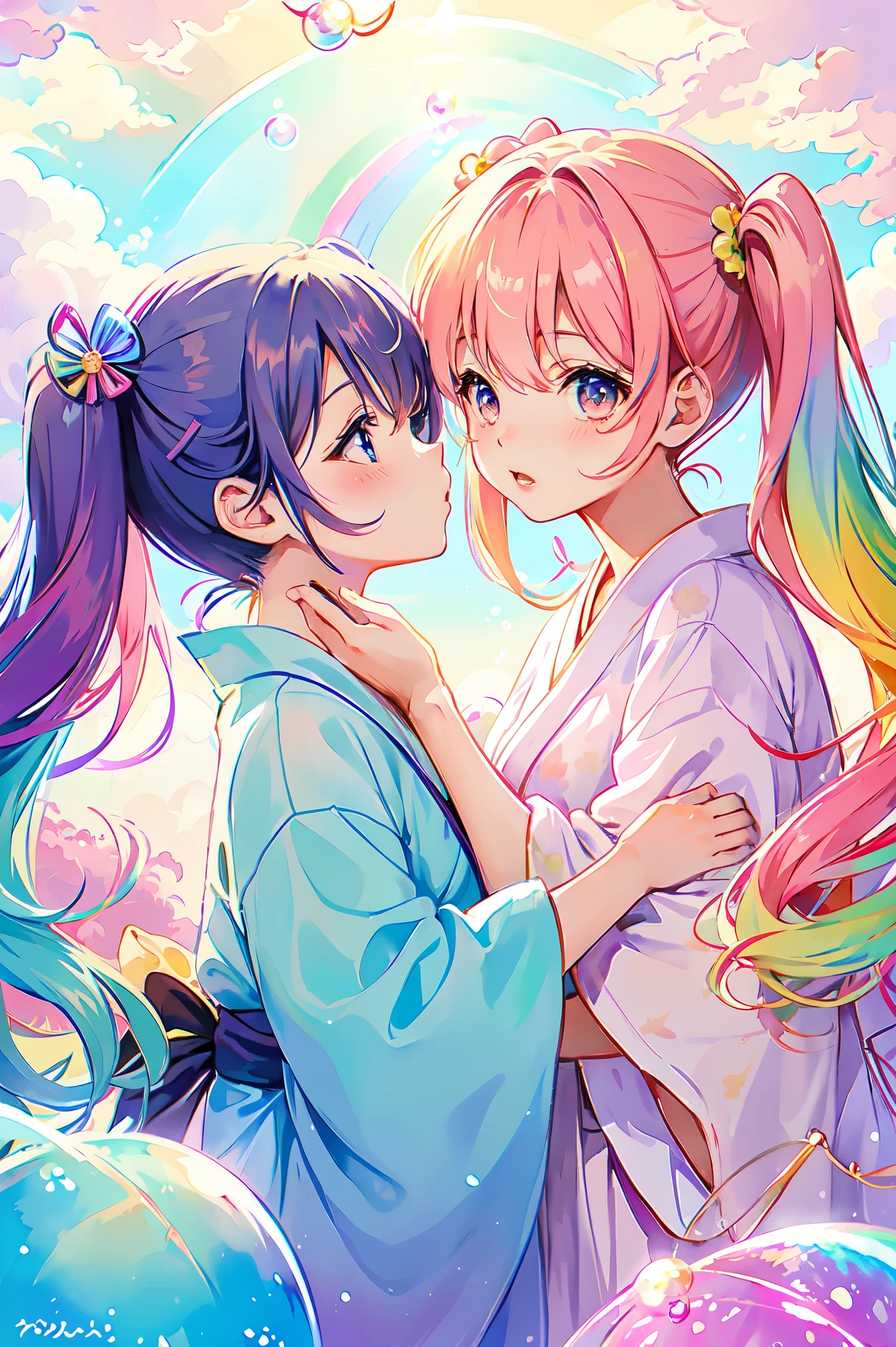 Yumekawa, dreamy cute, shopping, city, Harajuku, (masterpiece, highest quality, highest quality, watercolor (middle), Official Art, beautifully、beautiful: 1.2), (2 girls: 1.3), (Fractal Art: 1.3), Upper Body, kiss, Lesbian, ((NSFW、naked、Nipples are visible)), ta Viewer Watch, pattern, break, (pastel hair: 1.2), break, Soap bubble, Rainbow behind, cloud, colorful, Soap bubble, Spread throughout, cute, pastel,