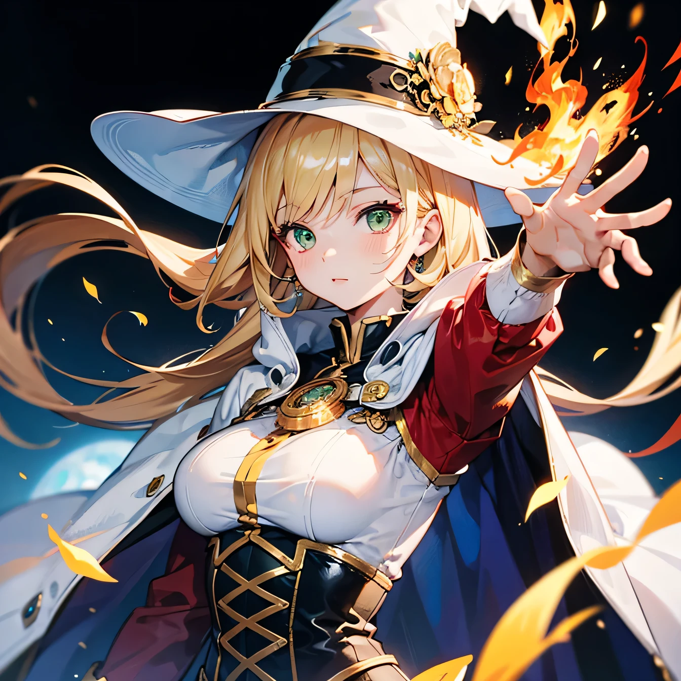 Anime Moe Art Style,highest quality,High resolution,Anatomically correct,One Woman,Twenty years old,Blonde,Super long hair,Straight Hair,Green Eyes,Super detailed,Fantasy Style,witch,White hat with gold trim,White cloak with gold trim,Red lining,Black long dress,Medium sized breasts,Cool look,One hand outstretched in front,Flames coming out of the hands,8K