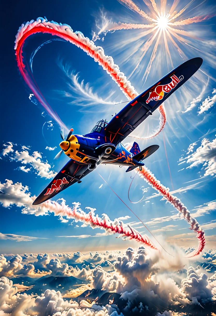 The picture shows a dynamically flying Red Bull Zivko Edge 540 looping and trailing vapour trails, cloudy, sunny, blue sky, backlight, glistening light,