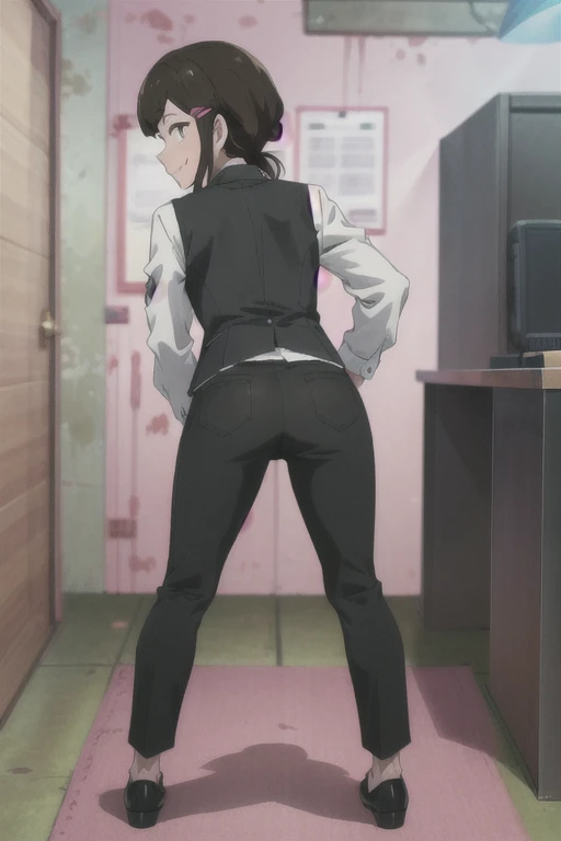 (((pixel-perfect, detail-perfect))), solo, 1girl, yasuko yaegashi, sanpaku, necktie, vest, looking at viewer, smile, black pants, full body, flat torso, back view, shy, bending over, ass, in office