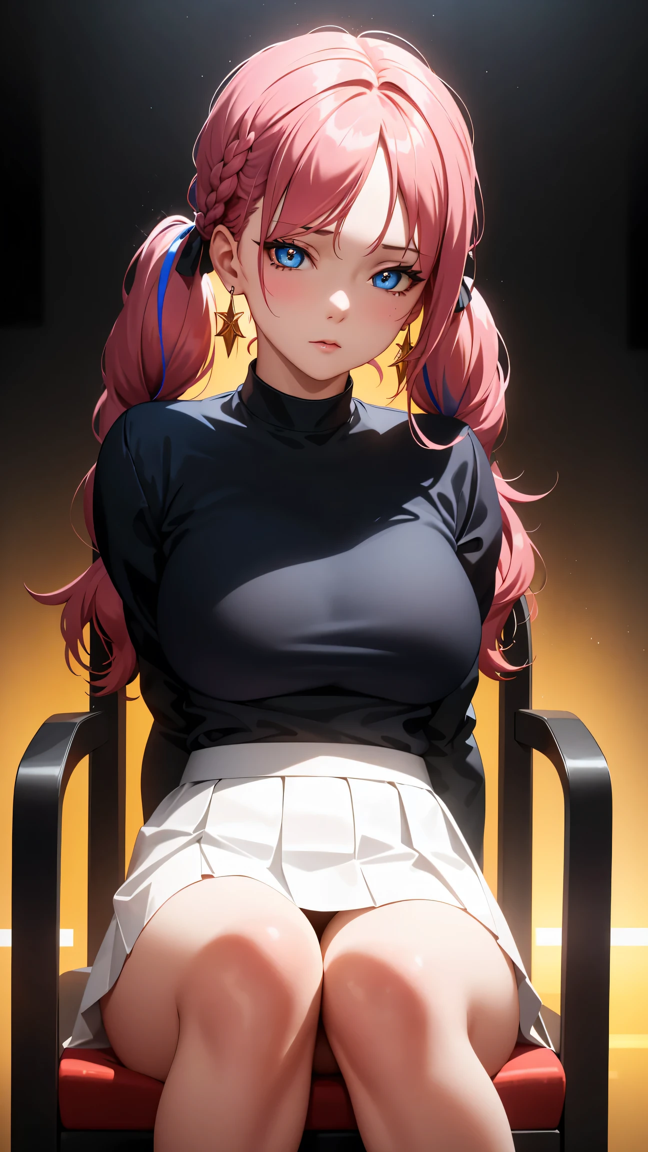 (best quality:1.5, highres, UHD, 4K, detailed lighting, shaders), blue light braided twintails haired, gradient hair, large breasts,red suit, white T-shirt, white short skirt, mature woman , (pov), black background, colorful eyeshadow, dramatic lighting, sparkling eyes, sensual expression, golden earrings, braided twintails hair, delicate facial features, soft skin, high cheekbones, urban setting, black background, dont look for the camera, sitting on a chair upside down, behind the camera