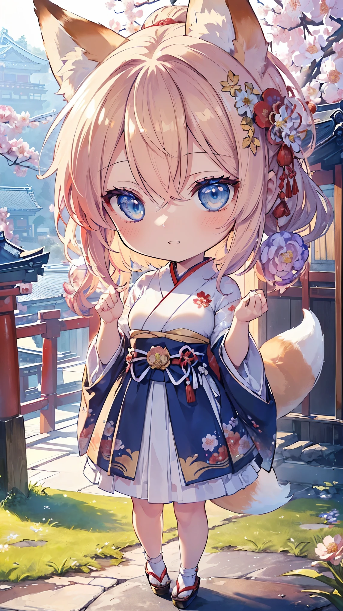 (((Masterpiece))), (((Highest quality))), ((Ultra-detailed)), ((Super fine illustration)), ((Ultra-fine painting)), (16K highest quality wallpaper:1.4), (Chibi:2.0), (Full body:1.6), HDR, (Highly detailed and delicate illustration style:1.8), Detailed skin texture, Detailed cloth texture, Extreme detailed description, (T-masterpiece), (Highly detailed face:1.2), (Highly detailed fox ears:1.2), (Highly detailed shiny golden brown half updo:1.2), (Highly detailed clear blue eyes:1.2), Original, RAW photo, Professional, Intricate details, Super details, Direct light:1.6, (Perfect anatomy:1.4), (Highly detailed hands:1.2), (Highly detailed fingers:1.2), (Highly detailed fingertips:1.2), (27-years-old), Real, (Solo:1.8), ((A very beautiful and attractive fox fashion model with blue eyes wearing a bright red furisode with a floral pattern:1.4)) BRAKE (Beautiful and adorable fox ears:1.6), (Highly detailed and delicate fox ears:1.4), (Beautiful and well-shaped big breasts:1.2), (Beautiful and well-shaped buttocks), (Beautiful and shiny golden brown half updo:1.4), (Highly detailed and delicate golden brown half updo:1.2), (Beautiful clear blue eyes that shine with great detail:1.6), (Highly detailed and delicate blue eyes:1.2), (Highly detailed face:1.4), (Smile:1.5), (Blush:1.4), (Looking at viewer:1.4), (Celebration:1.4) BRAKE (Bright red furisode with floral pattern:1.4), (Japanese traditional costume:1.2) BRAKE (Concept art:1.2), (Detailed fantasy art:1.2) BRAKE (Highly detailed and delicate Ise Grand Shrine in Mie Prefecture in the background just after noon in spring:1.6), (Celebration:1.4), Ise Grand Shrine:1.4, Torii gate of Ise Shrine:1.4, Very beautiful in the sunny sky background just after noon:1.4 BRAKE