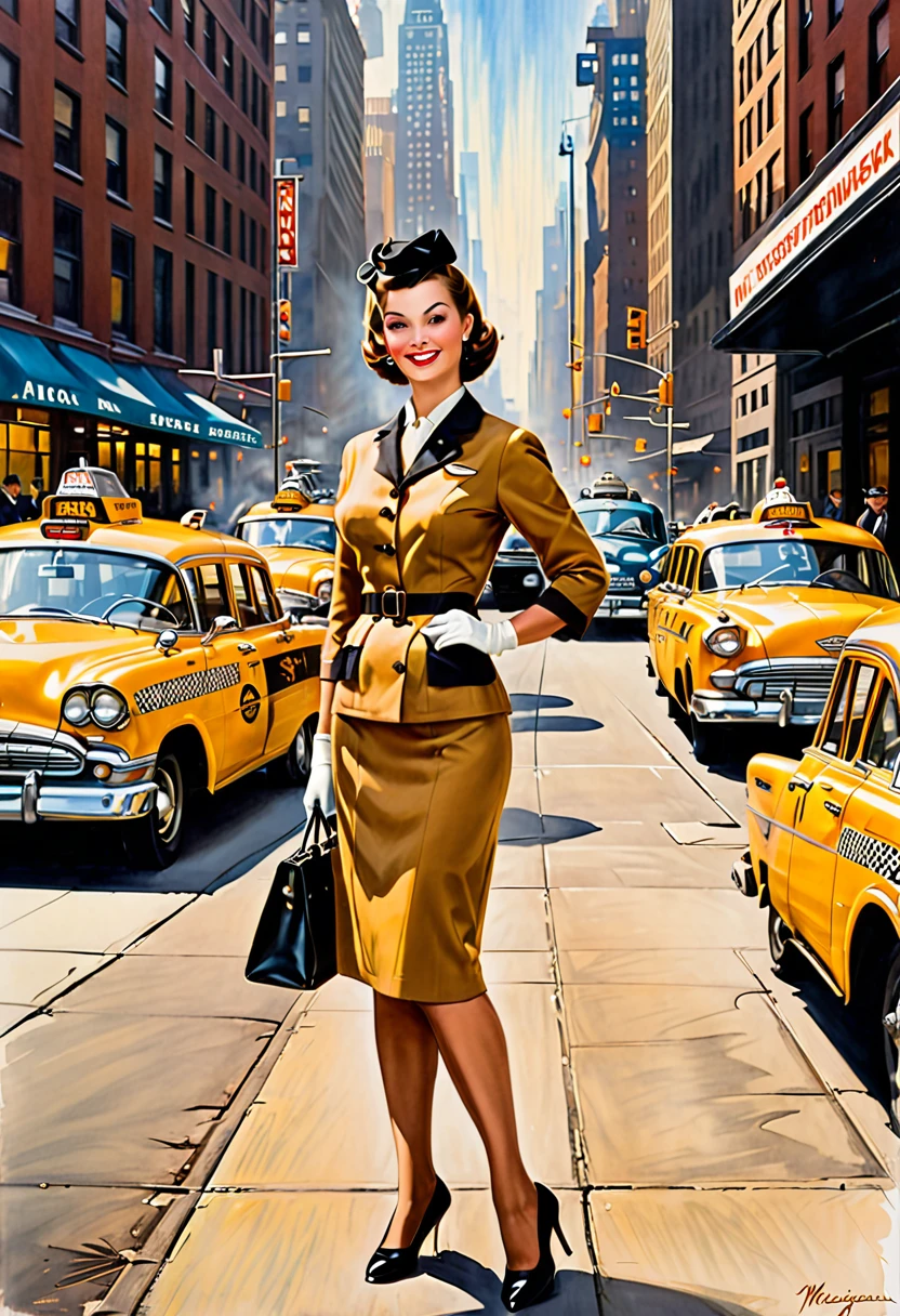 (Meisterwerk, best quality, realistisch, sehr detailiert:1.2), A modest stewardess in 1959 in simple business attire. von ihr, as she stands on a street corner in New York and hails a taxi, gemalt von Gil Elvgren mit deutlich sichtbaren Pinselstrichen.
