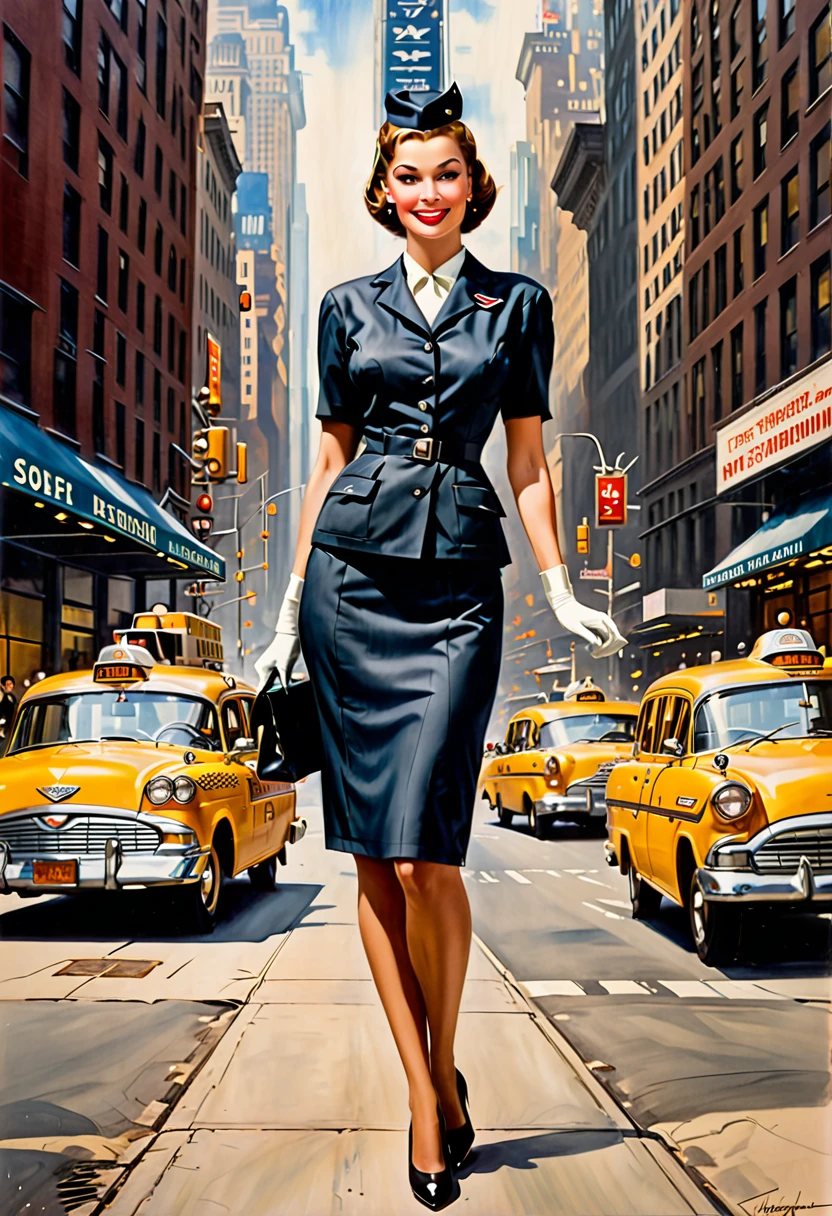 (Meisterwerk, best quality, realistisch, sehr detailiert:1.2), A modest stewardess in 1959 in simple business attire. von ihr, as she stands on a street corner in New York and hails a taxi, gemalt von Gil Elvgren mit deutlich sichtbaren Pinselstrichen.
