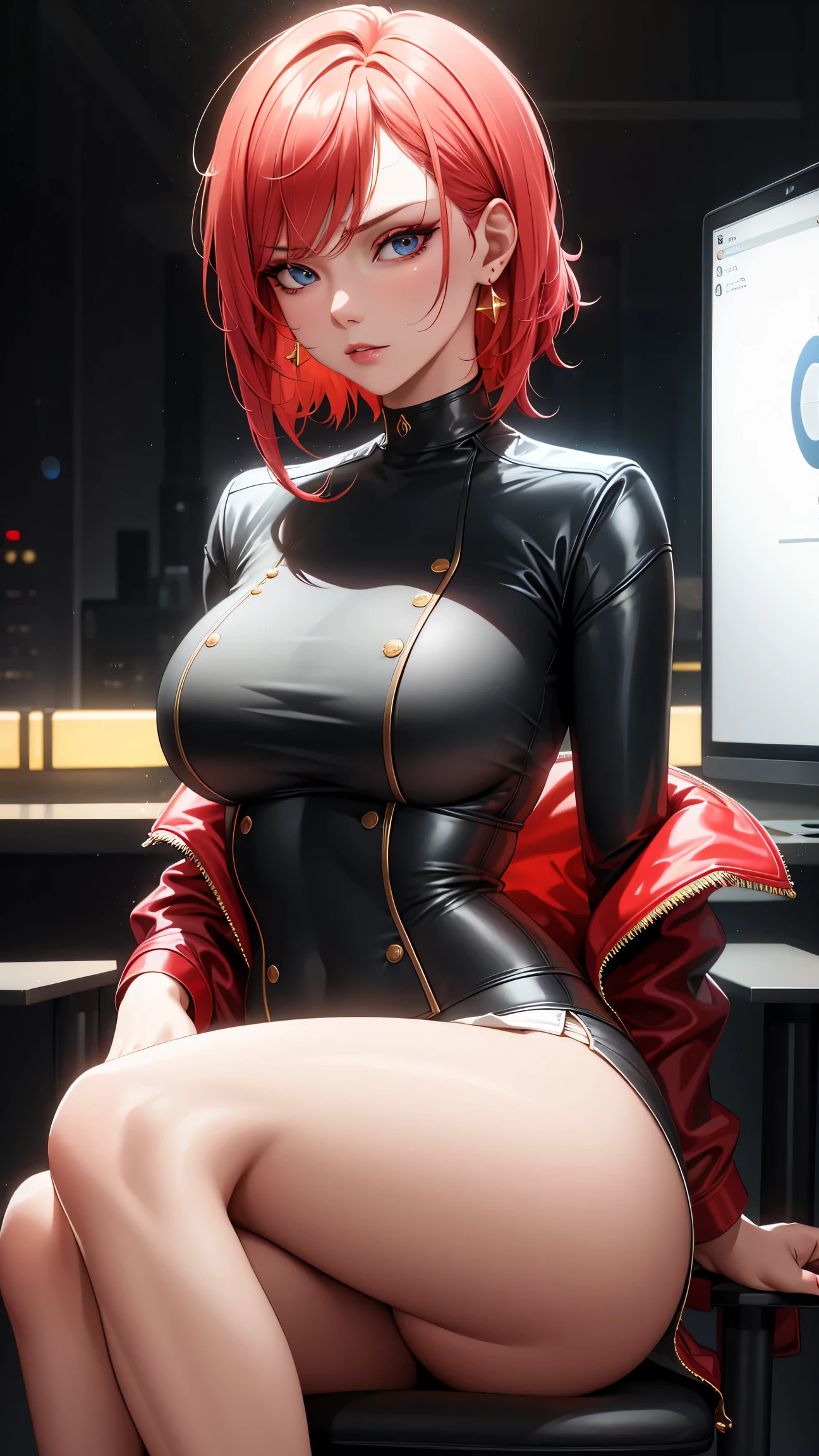 (best quality:1.5, highres, UHD, 4K, detailed lighting, shaders), back draids lock haired, gradient hair, large breasts,red suit, white T-shirt, white short skirt, mature woman , (pov), black background, colorful eyeshadow, dramatic lighting, sparkling eyes, sensual expression, golden earrings, delicate facial features, soft skin, high cheekbones, urban setting, black background, dont look for the camera, sitting on a chair upside down,  behind  the camera