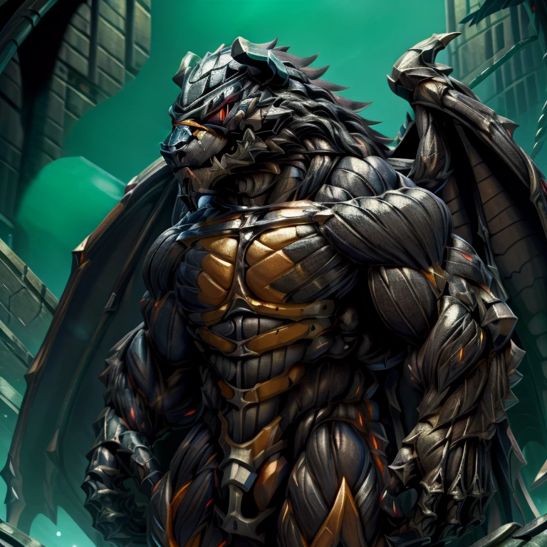 wearing crNanosuit, demon lord dragon batzz, (masterpiece, best quality, detailed:1.2) full body, detailed full body, a knight's mechanical armor, glowing wide and heavy armor, wears full body armor. massive muscles, huge pecs, chiseled abs, huge pectorals, exaggeratedly huge muscles. wearing a cloak. unusually developed muscular body big muscle, pecs, triceps, traps, waist narrow, unusually developed muscular body, The claws are sharp, Sharp teeth, Spread wings, It has wings. have big wings