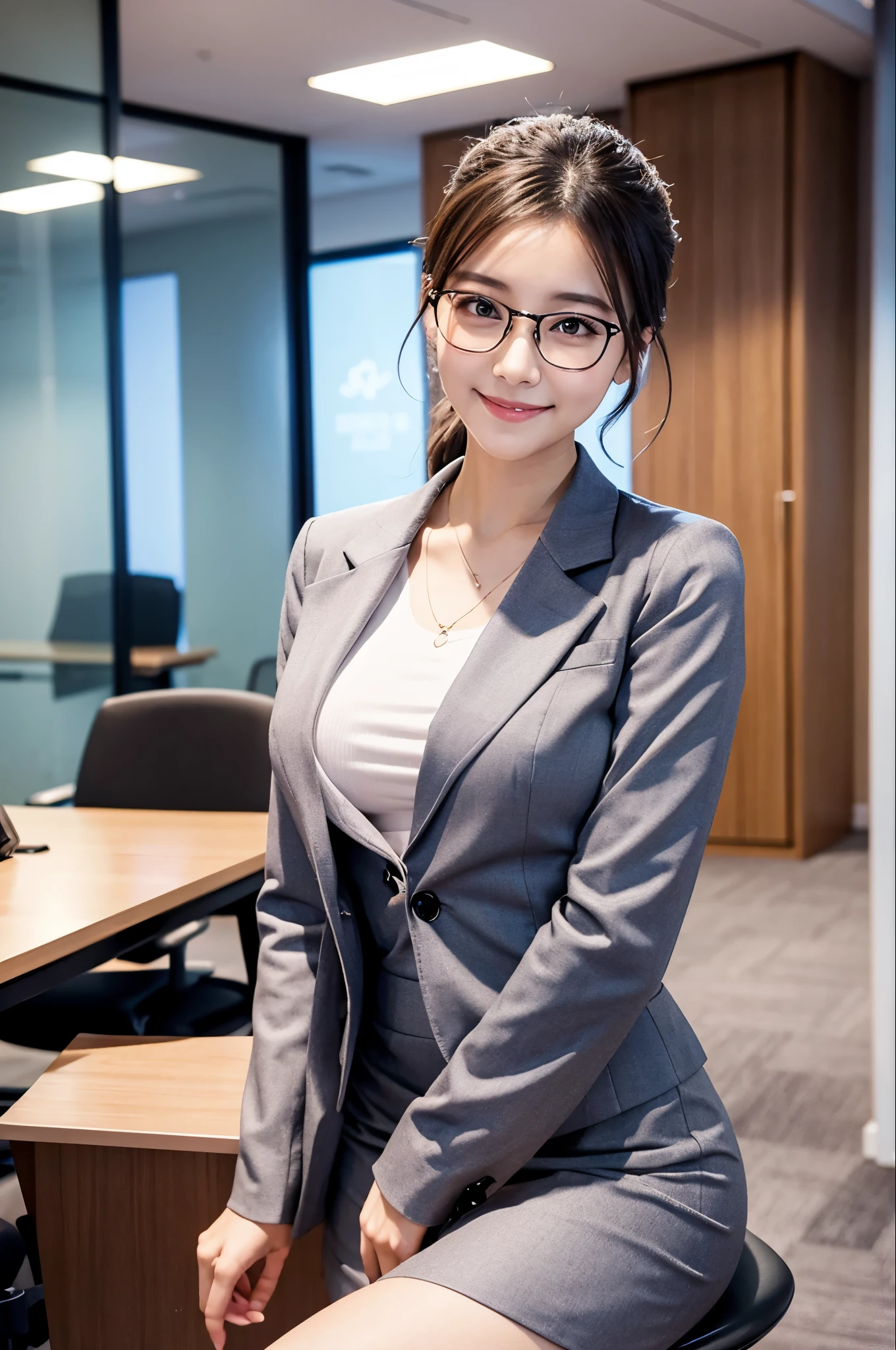 Glasses beauty、conference room、Daytime、Hair tied up、Bright interior、Gray color suit、Pretty short skirt、beauty secretary、(Very large breasts、Long, slender legs、Perfect figure、whole body、smile)、No makeup、23 years old、(masterpiece、8K,RAW Photos、High resolution:1.4)、The soft look enhances the calm expression of a woman.。