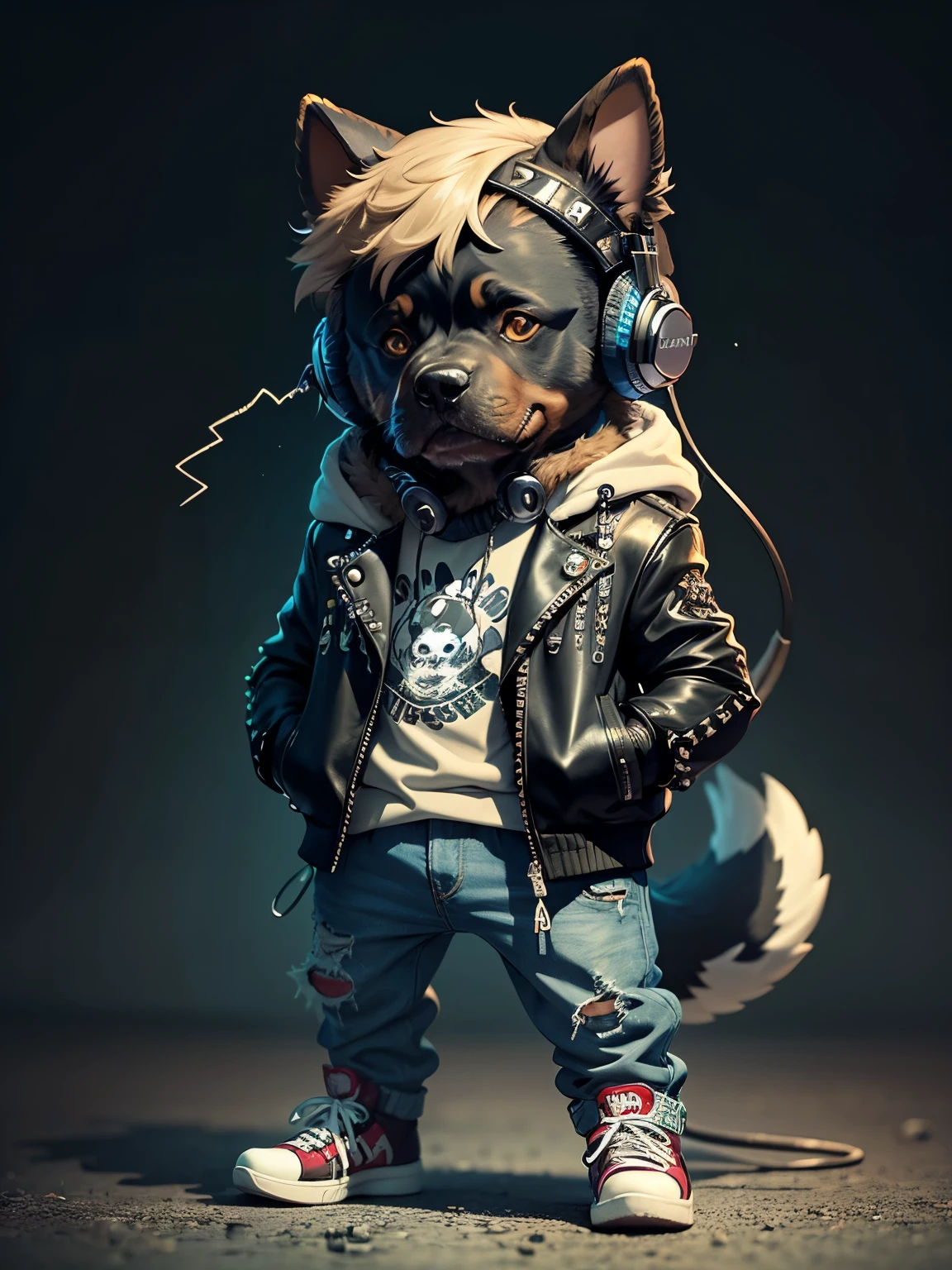 c4tt4stic, Cartoon dog breed Black Rottweiler Studded leather jacket and jeans with headphones and sneakers