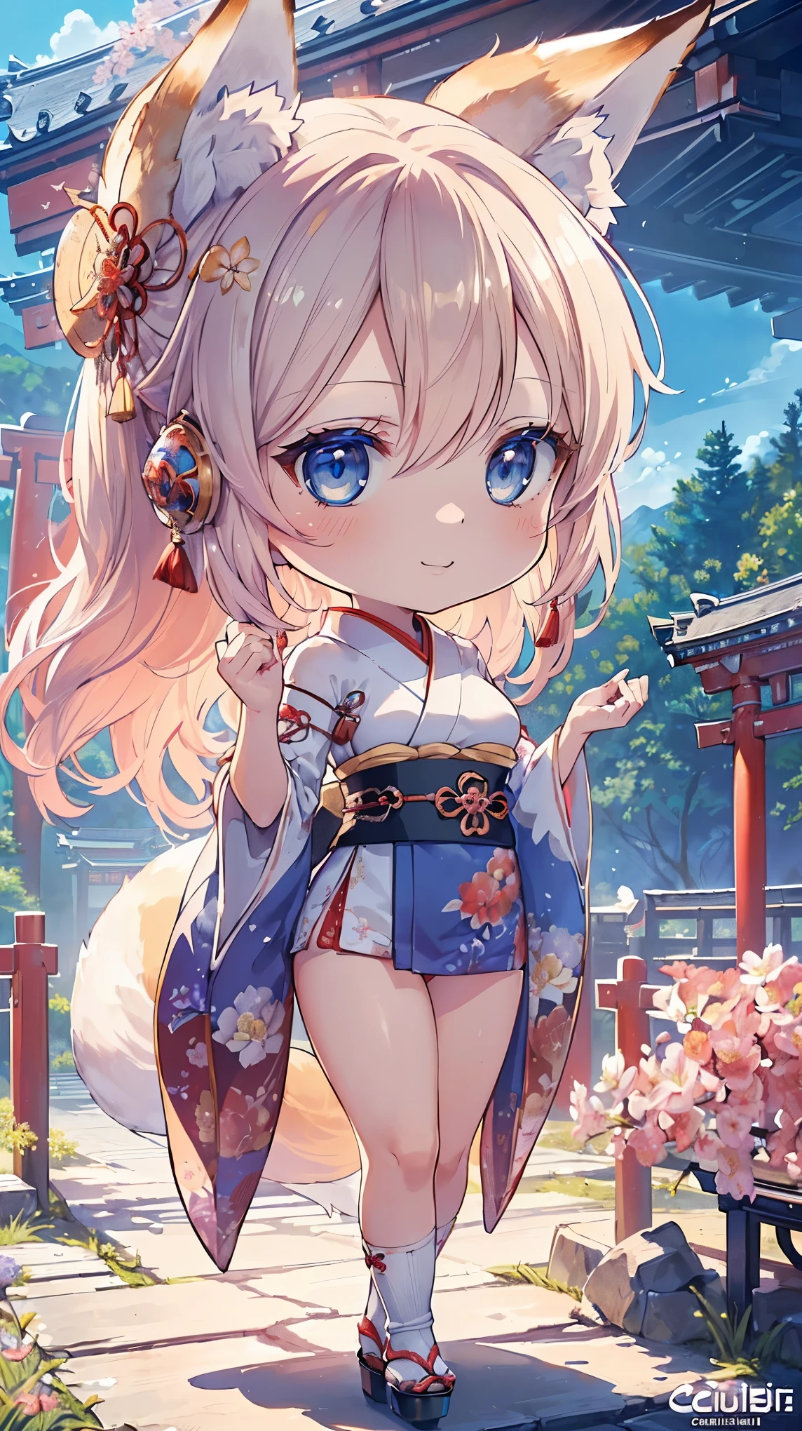 (((Masterpiece))), (((Highest quality))), ((Ultra-detailed)), ((Super fine illustration)), ((Ultra-fine painting)), (16K highest quality wallpaper:1.4), (Chibi:2.0), (Full body:1.6), HDR, (Highly detailed and delicate illustration style:1.8), Detailed skin texture, Detailed cloth texture, Extreme detailed description, (T-masterpiece), (Highly detailed face:1.2), (Highly detailed fox ears:1.2), (Highly detailed shiny golden brown half updo:1.2), (Highly detailed clear blue eyes:1.2), Original, RAW photo, Professional, Intricate details, Super details, Direct light:1.6, (Perfect anatomy:1.4), (Highly detailed hands:1.2), (Highly detailed fingers:1.2), (Highly detailed fingertips:1.2), (27-years-old), Real, (Solo:1.8), ((A very beautiful and attractive fox fashion model with blue eyes wearing a bright red furisode with a floral pattern:1.4)) BRAKE (Beautiful and adorable fox ears:1.6), (Highly detailed and delicate fox ears:1.4), (Beautiful and well-shaped big breasts:1.2), (Beautiful and well-shaped buttocks), (Beautiful and shiny golden brown half updo:1.4), (Highly detailed and delicate golden brown half updo:1.2), (Beautiful clear blue eyes that shine with great detail:1.6), (Highly detailed and delicate blue eyes:1.2), (Highly detailed face:1.4), (Smile:1.5), (Blush:1.4), (Looking at viewer:1.4), (Celebration:1.4) BRAKE (Bright red furisode with floral pattern:1.4), (Japanese traditional costume:1.2) BRAKE (Concept art:1.2), (Detailed fantasy art:1.2) BRAKE (Highly detailed and delicate Ise Grand Shrine in Mie Prefecture in the background just after noon in spring:1.6), (Celebration:1.4), Ise Grand Shrine:1.4, Torii gate of Ise Shrine:1.4, Very beautiful in the sunny sky background just after noon:1.4 BRAKE