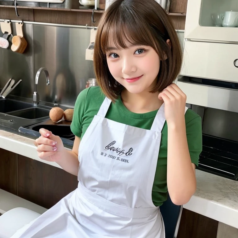 A beautiful woman with a bob haircut and a round face.、She seems to have a devilish, sadistic side.、Smiling gently、Wearing an apron、Sitting in a chair。Your hands are beautiful。Hands on knees。