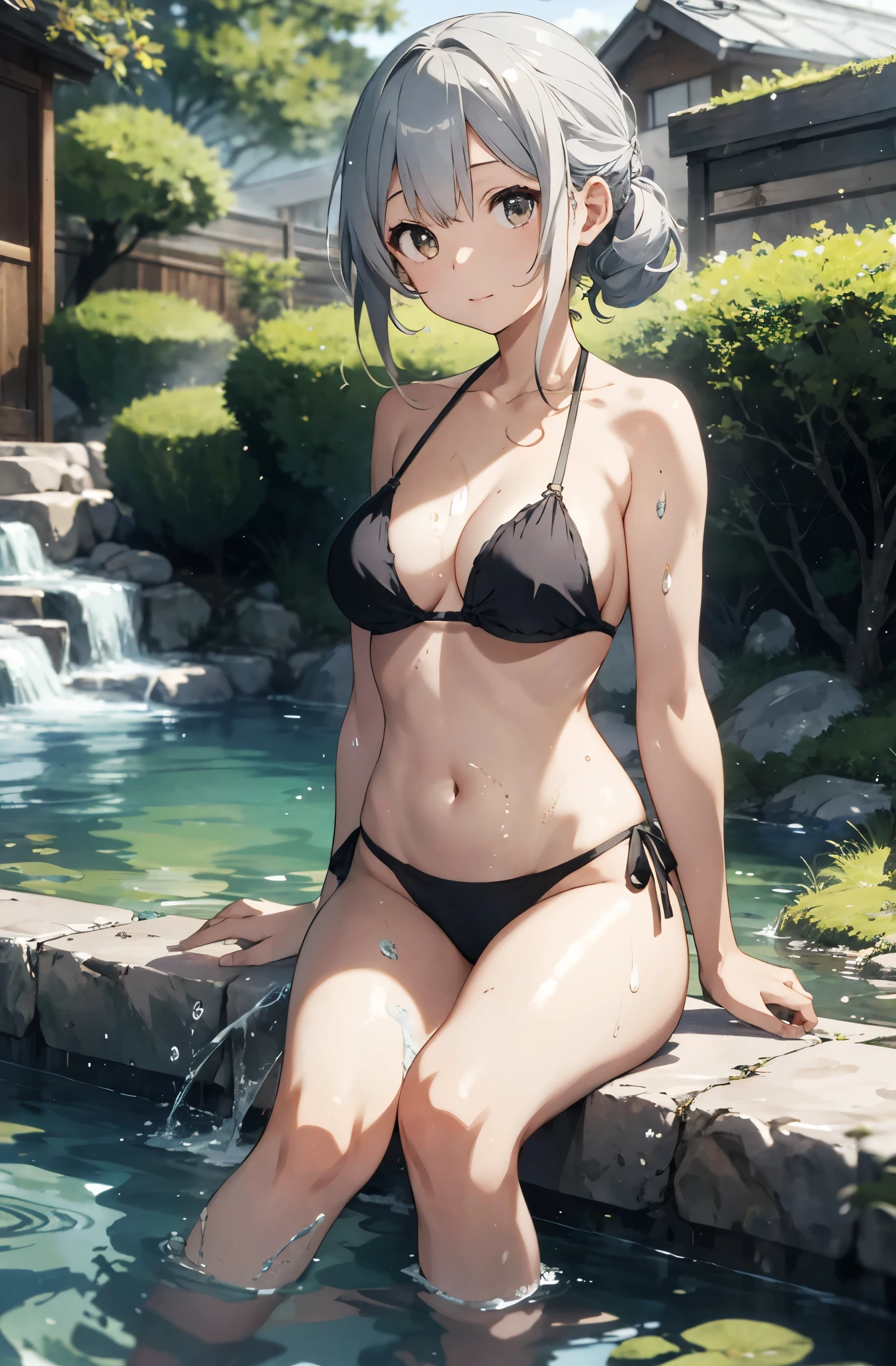 Silver-haired girl drawn in high resolution Japanese anime style、Realistic background blur that looks like it was taken with a high-performance camera.、Please provide high quality illustrations........。Beautiful woman soaking in a hot spring with a relaxed expression.、The steam rising from the bathtub is beautifully depicted...................。Attention to detail in hair and skin、There are no houses around、quiet、Enjoy the natural texture。Communicating the atmosphere of a hot spring town、Please also draw the surrounding scenery and hot spring facilities...................。Highlighting a beautiful girl in a pink bikini。。。、Please draw an illustration that captures her charm...................。Wakame seaweed、Wakame seaweed、Wakame seaweed、Wakame seaweed、Wakame seaweed、Wakame seaweed、