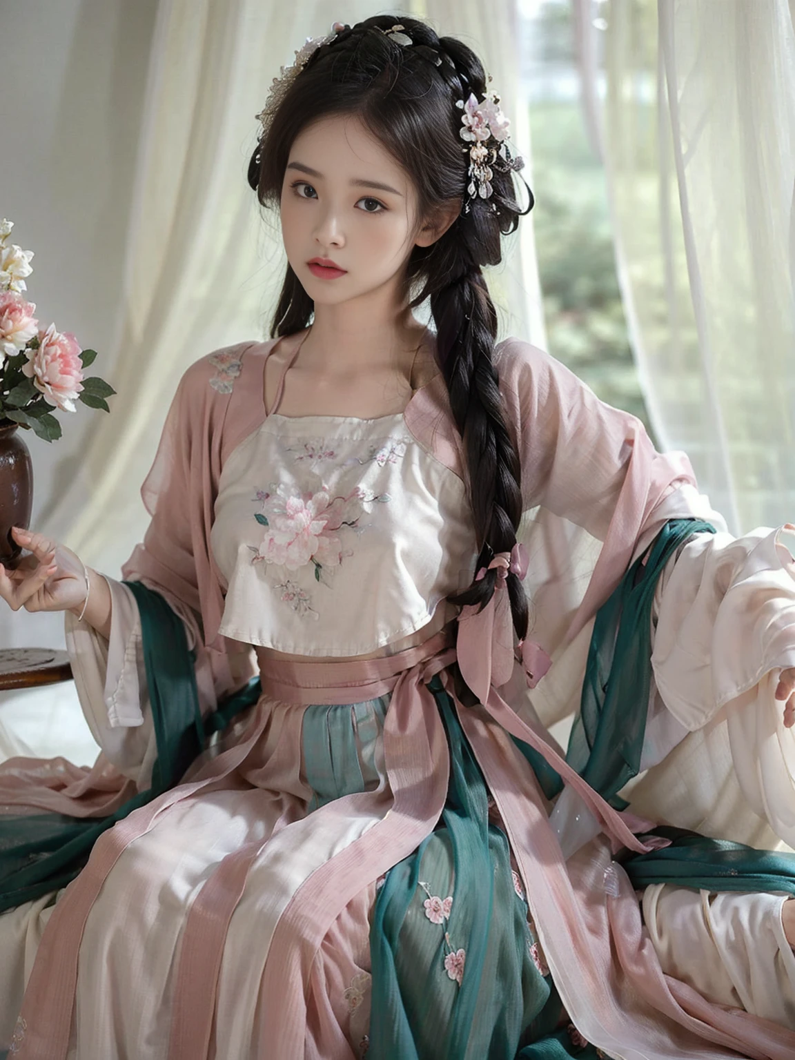 1 girl，Beautiful， Floral Pattern， glowing skin， Seductive gaze， Decorative clothing， natural lighting， Shallow to see deep， Romantic environment， Dreamy pastel palette， Peculiar details， Capture on film，(8k, original photo:1.2), best quality, Ultra-high resolution，CG Unity 8k Wallpaper，masterpiece，best quality，Ultra Detailed