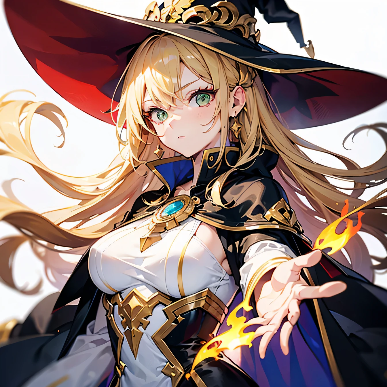 Anime Moe Art Style,highest quality,High resolution,Anatomically correct,One Woman,Twenty years old,Blonde,Super long hair,Straight Hair,Green Eyes,Super detailed,Fantasy Style,witch,White hat with gold trim,White cloak with gold trim,Red lining,Black long dress,Medium sized breasts,Stern expression,Raised eyebrows,Sharp Eye,One hand outstretched in front,Flames coming out of the hands,8K