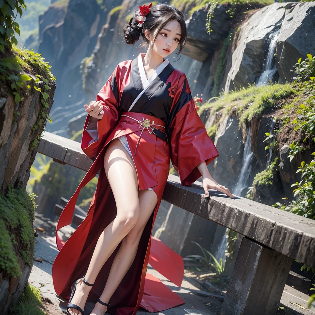 japanese girl wearing a red kimono with white outlines on the edge, falling down from a cliff, best quality, ultra realistic, best quality, perfect body,