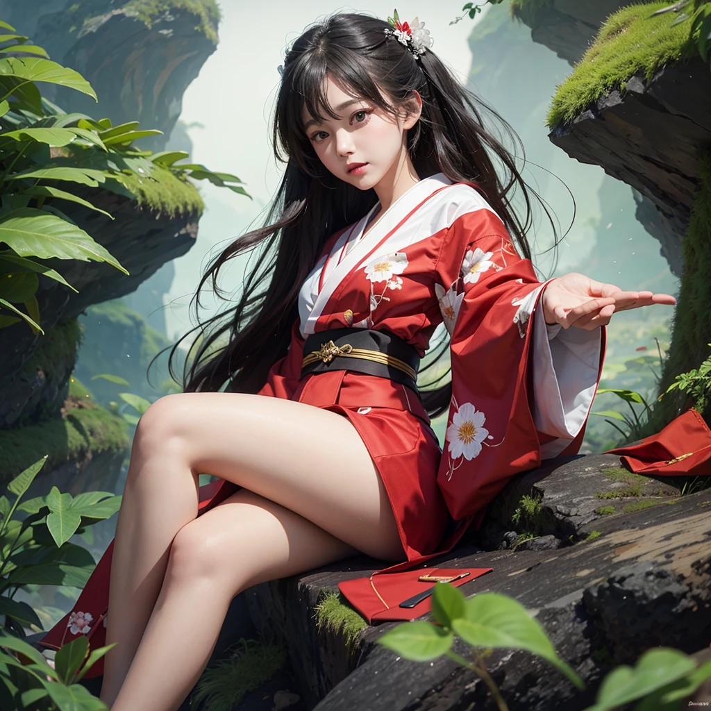 japanese girl wearing a red kimono with white outlines on the edge, falling down from a cliff, best quality, ultra realistic, best quality, perfect body,