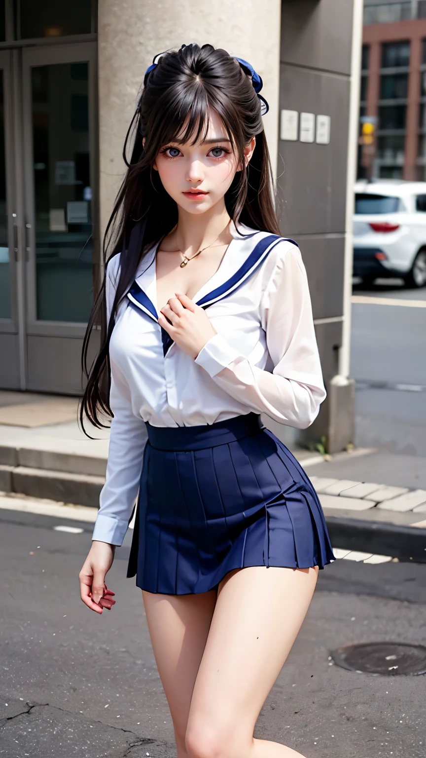 (masterpiece:1.2, highest quality), (Realistic, photoRealistic:1.4), Beautiful illustrations,
View your viewers, whole body, Front view:0.6,
1 girl, Japanese, high School girl, (Long Hair:1.5), Hair fluttering, (Half Up, Half Updo), bangs, Hair between the eyes, Big Breasts:0.8,
Beautiful Hair, Beautiful Face, Beautiful Eyes, Beautiful clavicle, Beautiful body, Beautiful breasts, Beautiful thighs, Beautiful feet, Beautiful fingers,
(Beautiful views), , School,
Sailor suit、mini skirt、White panties,
(Are standing, , Please lift your skirt, Grab the hem of your skirt, Place your hand on your chest, Place your hands between your legs),
blush,