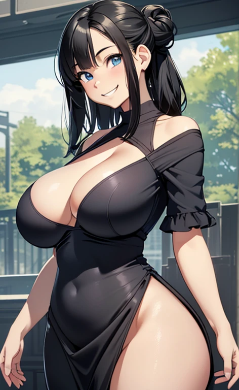 (masterpiece:1.4、top-quality、illustration:1.4,realistic、)、(character focus、,upper body:1.3)、(1girl),(happy smile:1.3),(cute),cute face,blue eyes、(cute)、
,(stand:1.4),(black hair bun),
,(slender),(Shoulderless dress:1.3),
(),(Saggy breasts:1.8), (huge breasts:1.3)、
、slender、
