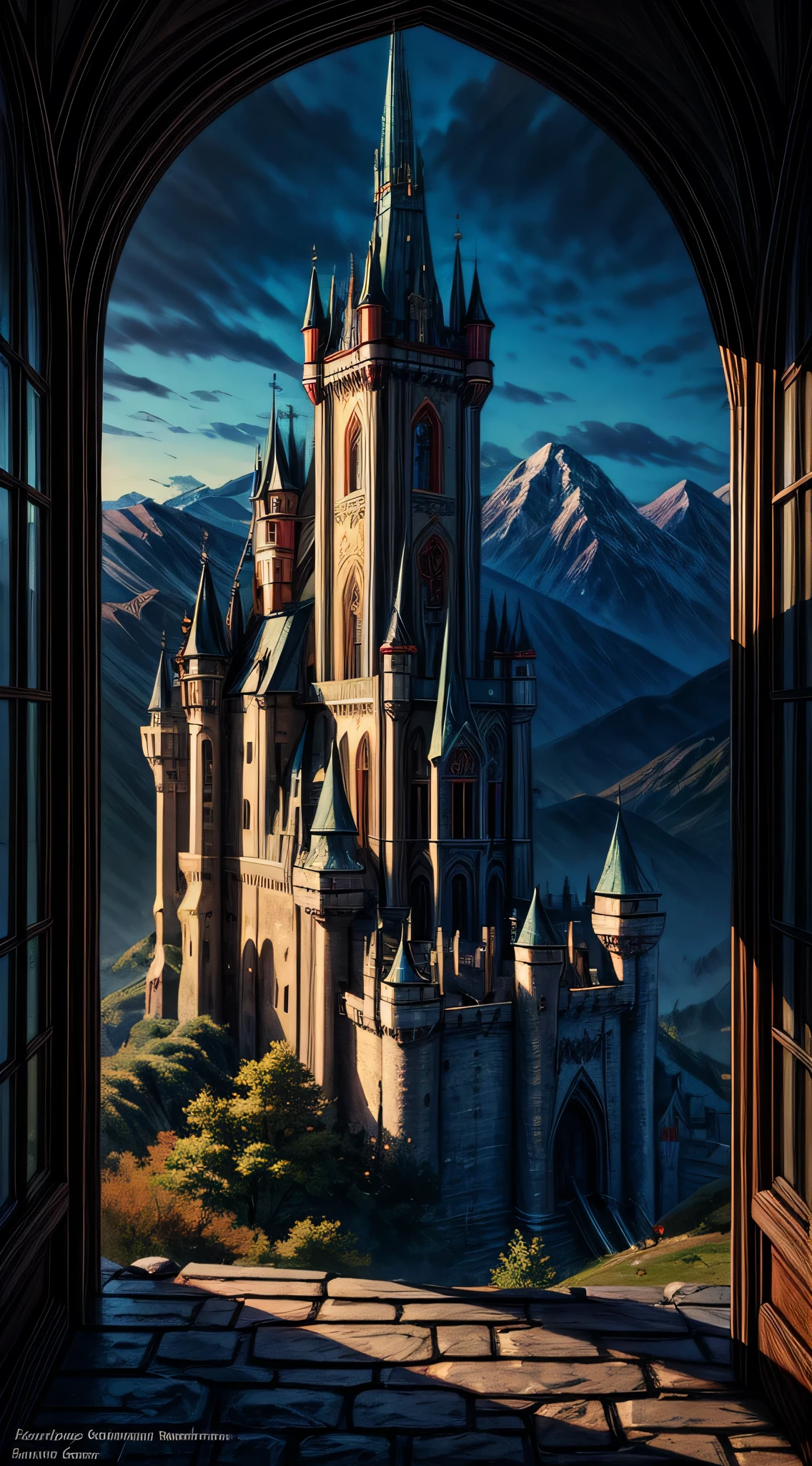 fantasy art, RPG art, a princess looking through her window at a magical castle, a beautiful elven princess looking through her window to see a magical castle, an impressive best detailed castle, with towers, bridges, a moat, standing on top of a mountain colouredglazecd_xl