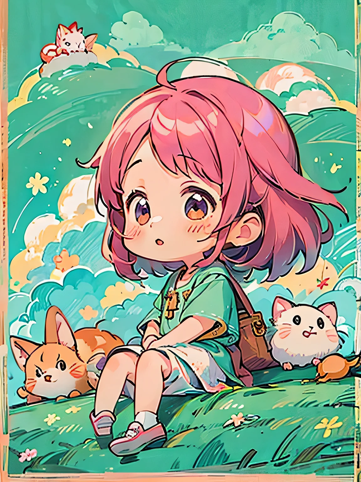Momoko Sakura style, Kawaii Design, The most beautiful girl of all time、Chibi、Above the Clouds、Lots of animals