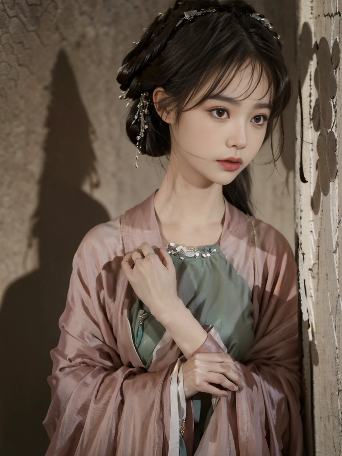 In a dimly lit alley,Lights flickering。She stood quietly,A bit confused,Biting lips unconsciously,Hands clasped together nervously,Revealing a hint of uneasiness。The moss on the wall looks a bit eerie in the dim light,It highlights her helplessness.。