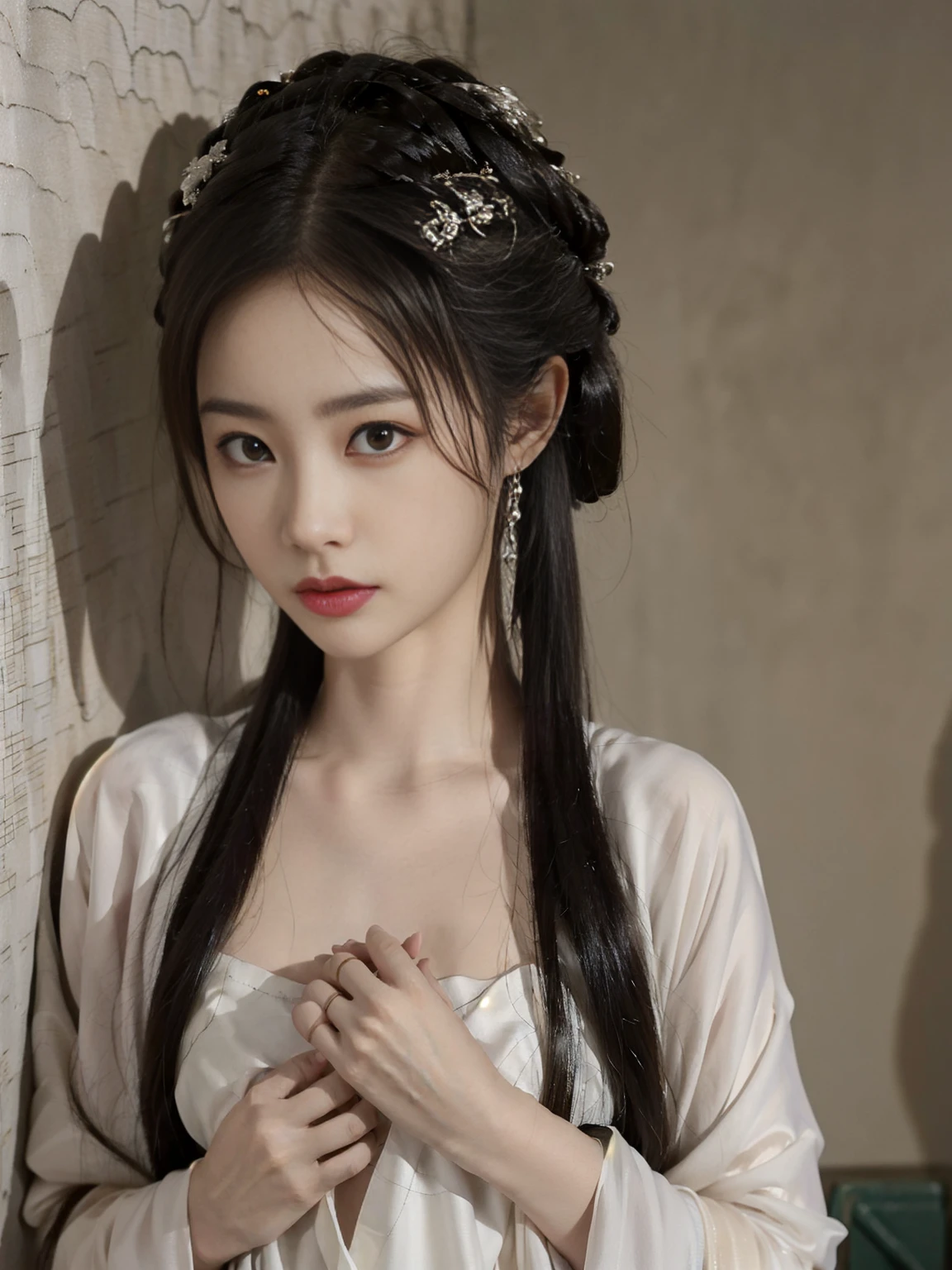 In a dimly lit alley,Lights flickering。She stood quietly,A bit confused,Biting lips unconsciously,Hands clasped together nervously,Revealing a hint of uneasiness。The moss on the wall looks a bit eerie in the dim light,It highlights her helplessness.。