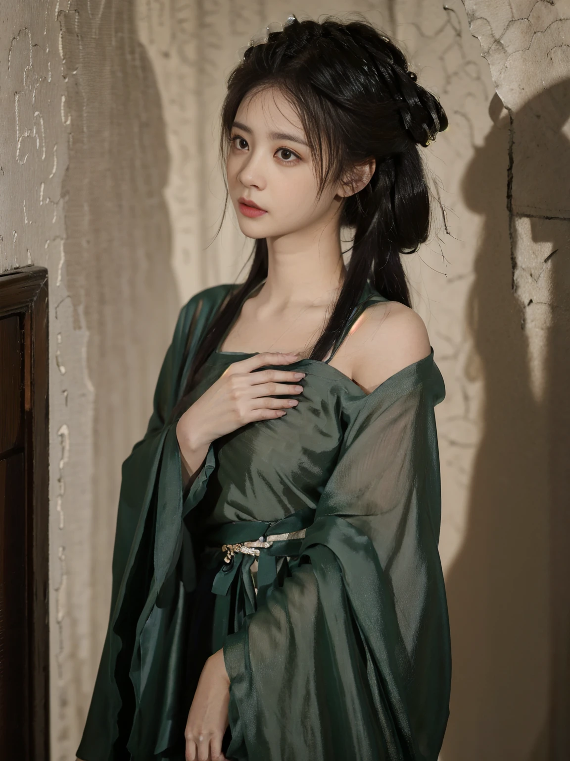 In a dimly lit alley，Lights flickering。She stood quietly，A bit confused，Biting lips unconsciously，Hands clasped together nervously，Revealing a hint of uneasiness。The moss on the wall looks a bit eerie in the dim light，It highlights her helplessness.。